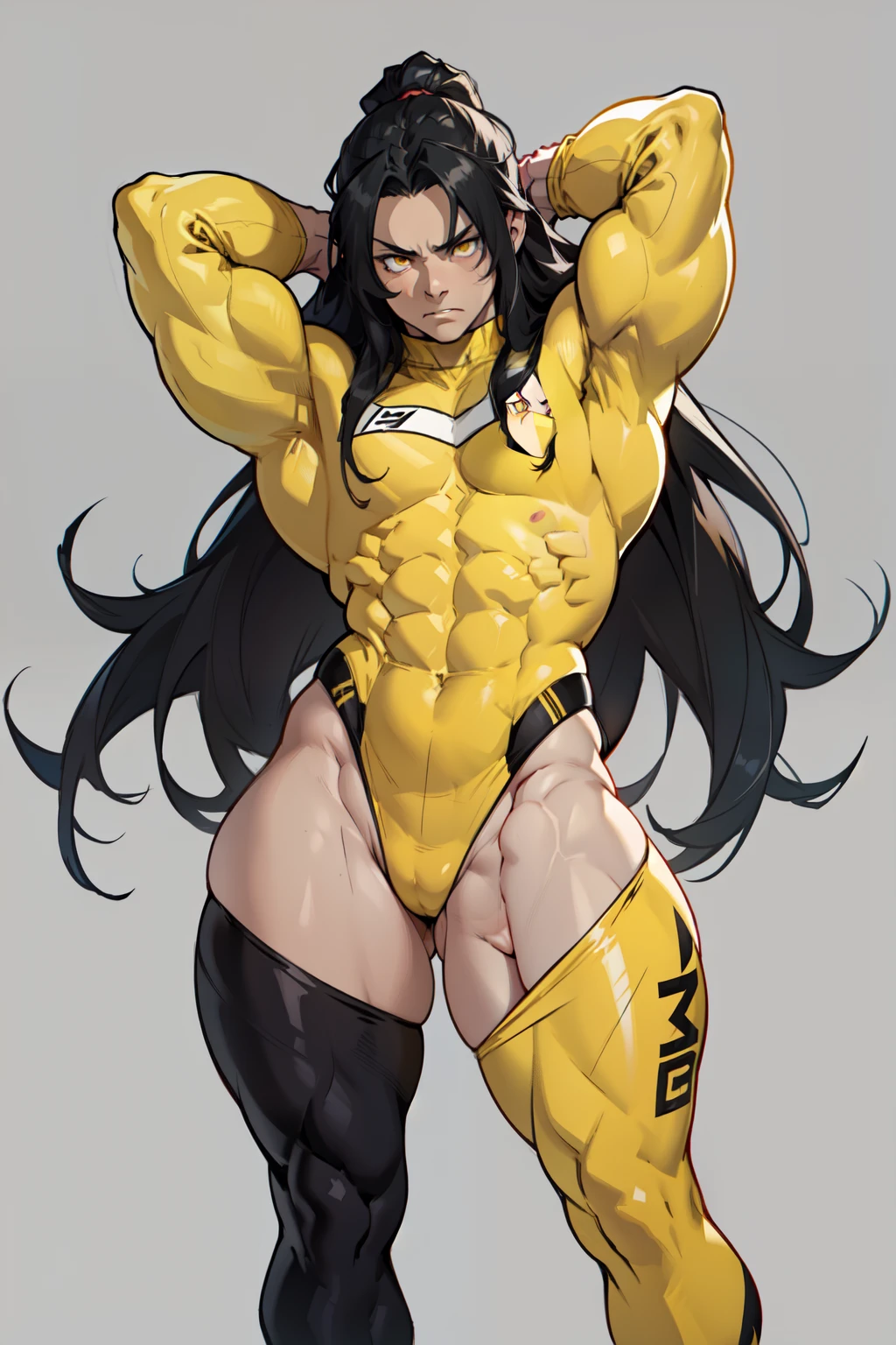 ((grey background)) pale skin black hair yellow eyes (very long hair) angry ((1 girl muscular toned body bodybuilder curvy wide hips thick thighs)) (full body solo) standing (long sleeves leotard arms over head)