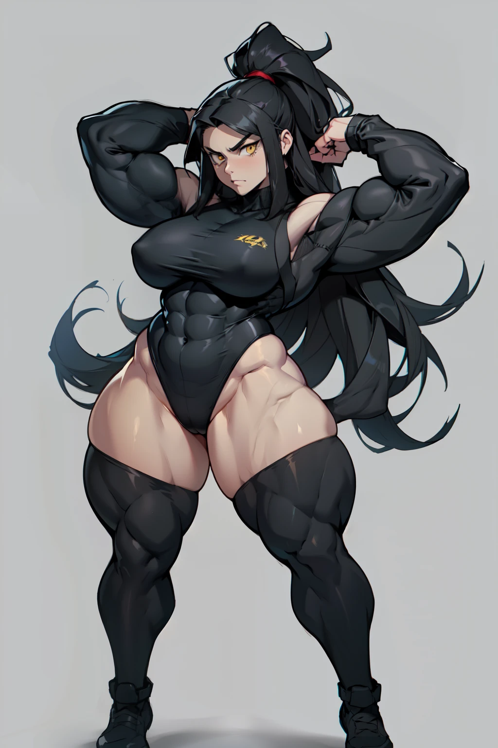 ((grey background))  pale skin black hair yellow eyes (very long hair) angry ((1 girl muscular toned body bodybuilder curvy wide hips thick thighs)) (full body solo) standing (long sleeves leotard arms over head)