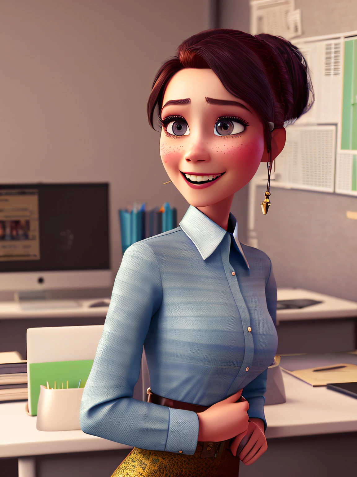 pixarstyle a waist-length portrait of a young woman in a office shirt, smile, office, natural skin texture, 4k textures, hdr, intricate, highly detailed, sharp focus, cinematic look, hyperdetailed
