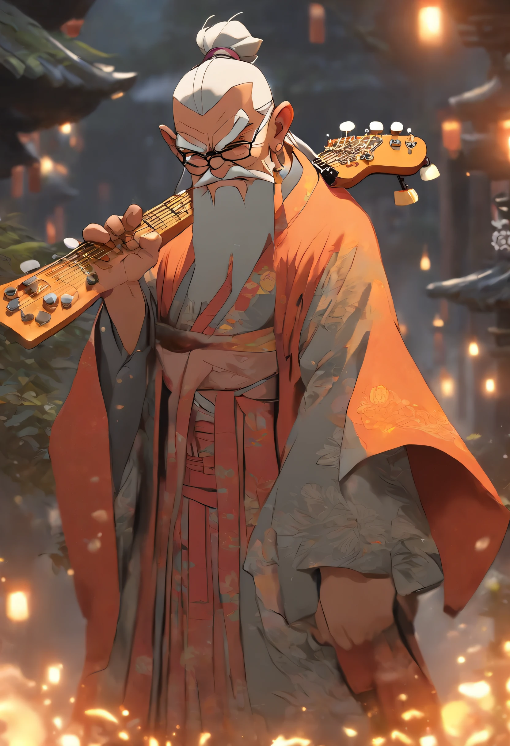 （Estilo Pixar), (old man:1.1,personagem de desenho animado), (round eyeglasses:1.1), (barba branca,bald head:1.1), (, (Chinese Style Gray Robe:1.1), (rosto enrugado:1.1), (feliz e fofo), (traje tradicional, traje de samuai :0.9), (Chinese style of landscape painting:1.1), (uma espada nas costas)，(holding an electric guitar)，Modelo de personagem em miniatura, fonte de luz da direita para a esquerda, Rum lighting, fonte de luz da direita para a esquerda, Realistic proportions, Post-processing, ((perspectiva ortogonal)), Super Detalhe, Realistic, super realistic, photoreal render,