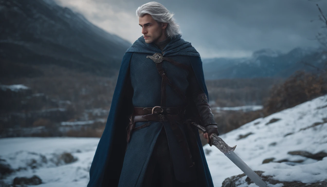 A young beautiful male character with medium silver hair looking at the kingdom with a serene expression, medieval clothes, blue eyes, he has a sword, dark setting, ultra-realistic, Guweiz drawing style, landscape, 8k, winter, dramatic particles, melhor qualidade,4k,8k,alto,master part:1.2,ultra-detalhado,Realistic:1.37.