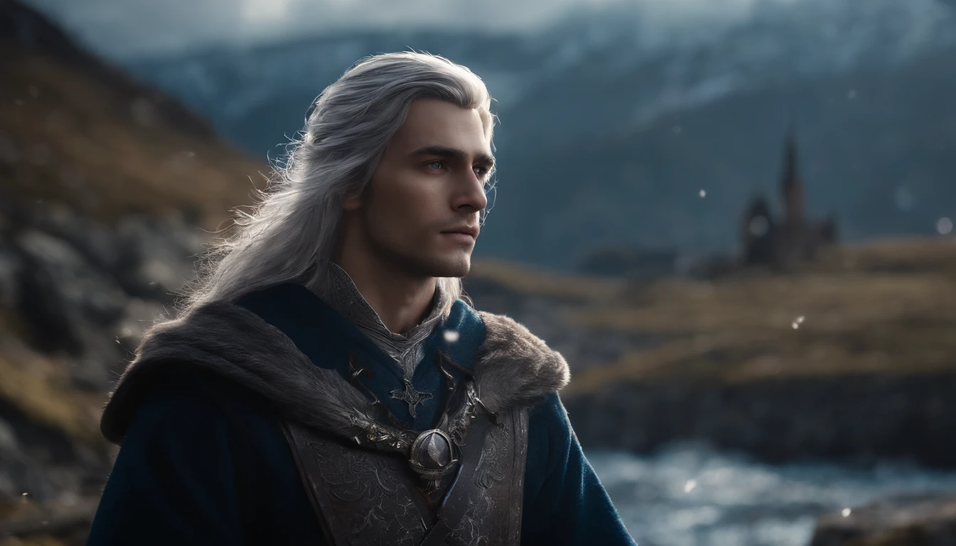 A young beautiful male character with medium silver hair looking at the kingdom with a serene expression, medieval clothes, blue eyes, he has a sword, dark setting, ultra-realistic, Guweiz drawing style, landscape, 8k, winter, dramatic particles, melhor qualidade,4k,8k,alto,master part:1.2,ultra-detalhado,Realistic:1.37.