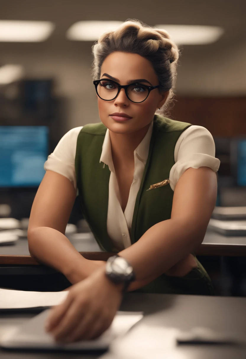 Criar um personagem no estilo pixar roupa social,. personagem loira platinada, olhos escuros, arms crossed, Hair tied up from glasses , at office.