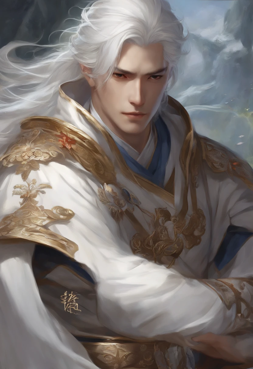master part, Close-up of a man with white hair and white mask, pintura de figuras bonitas, Guviz, Arte estilo Guwiz, deus de cabelos brancos, Yang J, epic exquisite character art, amazing character art, Qi do ventilador, Wu Zhun Shifan, Gu Vitz at pixiv art station, antiguidade, montanhas e rios