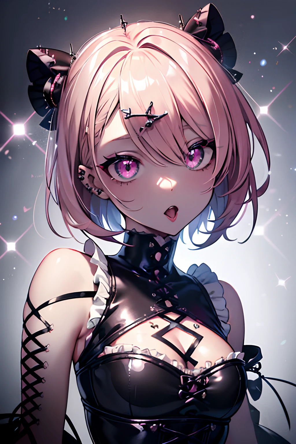 Beautiful Girl, (open mouth, tongue out:1.1), (corset piercing:1.3), teeth, (deadpan, emotionless eyes, Glitter eyes), long eyeslashes, red rip, Very short blonde hair, (Gray eyes), (Dark skin), nail polish, cleavage cutout, Bare navel, kunder-rim eyewear, frilled dress, Bare arms, overexplosure, Bare shoulder, The background is solid black, gothic ta, Professional Lighting, Best Quality, masutepiece, ultra-detailliert, Capture super cute moments, depth of fields, Ultra High Resolution, Fine details, 16k wallpaper,