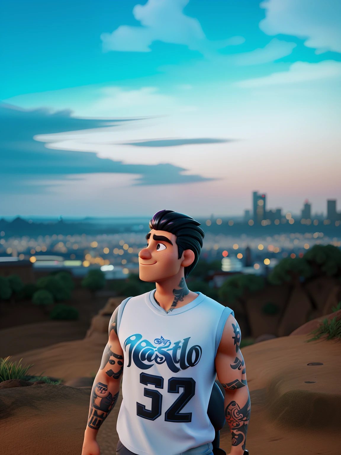 Um homem, tatuado, cabelo preto, estilo Pixar,iluminado pela luz do sol, in a viewpoint setting with a city in the background.