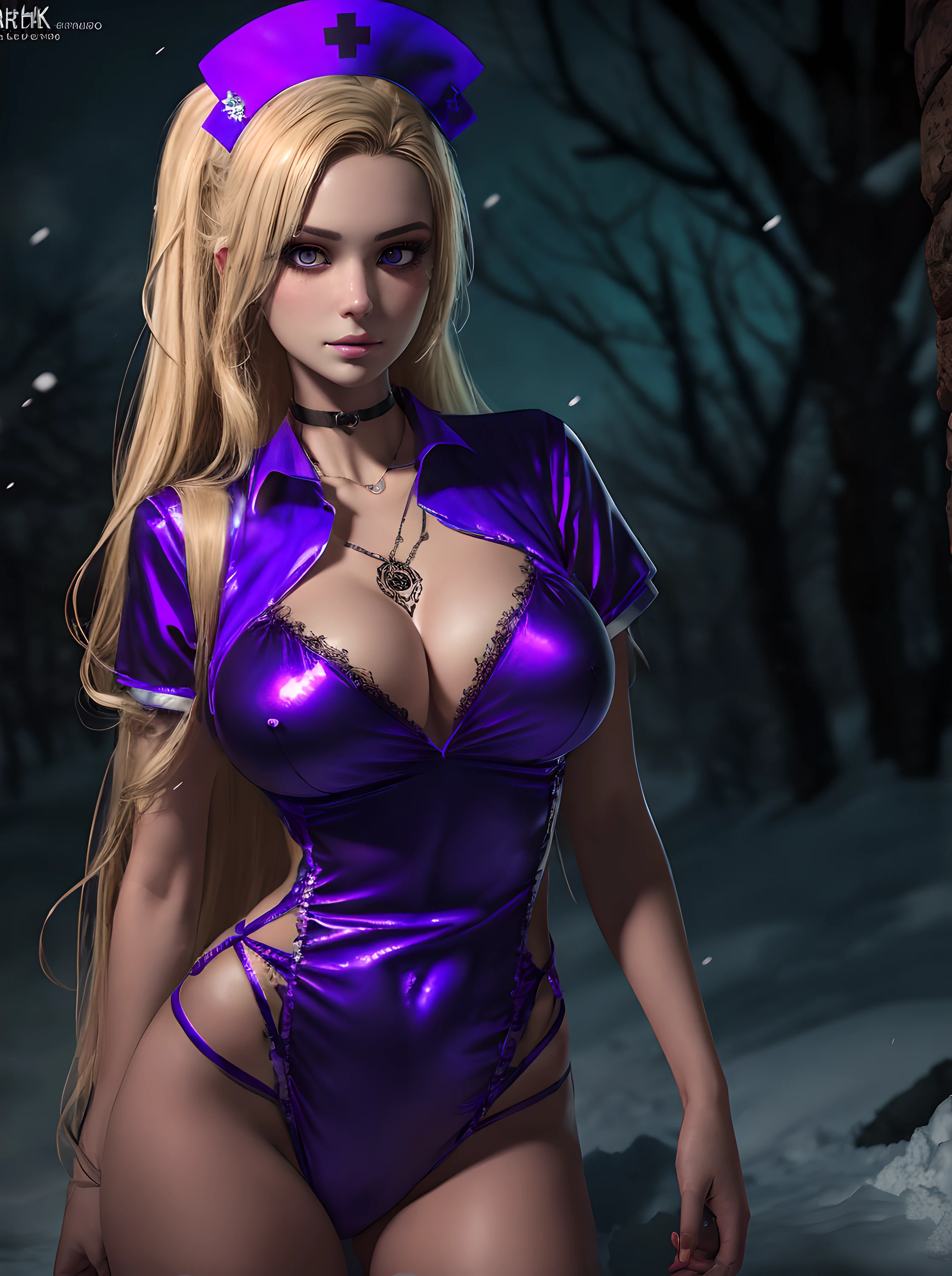 tmasterpiece, beste-Qualit, ((18 Year Old Girl In Sexy Nurse Costume)), Perfect Blonde 1Girl, extra very long hair, accentuated breasts, more blood, more blood splash, ((Shiny snow-white skin)), 3d rendered character art 8 K, trending on cgstation, A detailed eye, symmetric eyes, Huge purple eyes, a perfect face, the perfect body, Halloween atmosphere, (intricate details:0.9), (HDR, hyper-detailing:1.2), (natural skin textures, hyper realisitc, soft light, Sharp), (Intricate Detail 1.5), Celebrating Halloween