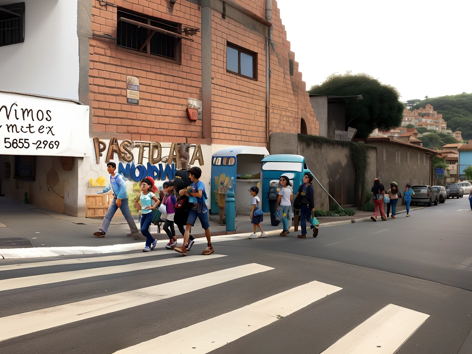 Pessoas caminhando em rua estilo Disney Pixar.