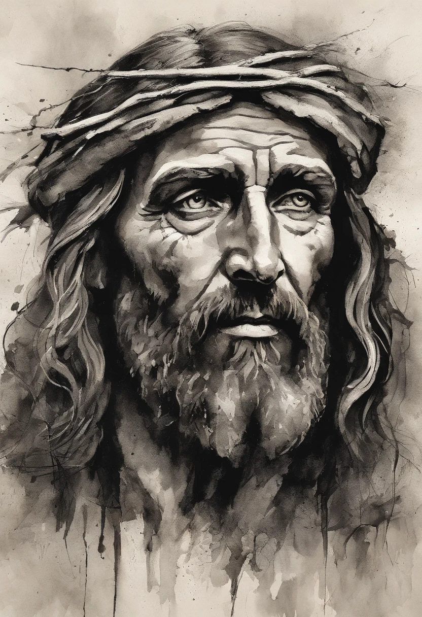 Apostolo de cristo Jesus, black in withe, Preto e branco, estilo grafite, Corrosion in dry spot, extremamente detalhado, hatching, hiper-realista, aquatint, desenho de linha, realismo, litografia, Washi, trending on ArtStation, foco nítido, Studio photo, detalhes intrincados, altamente detalhado