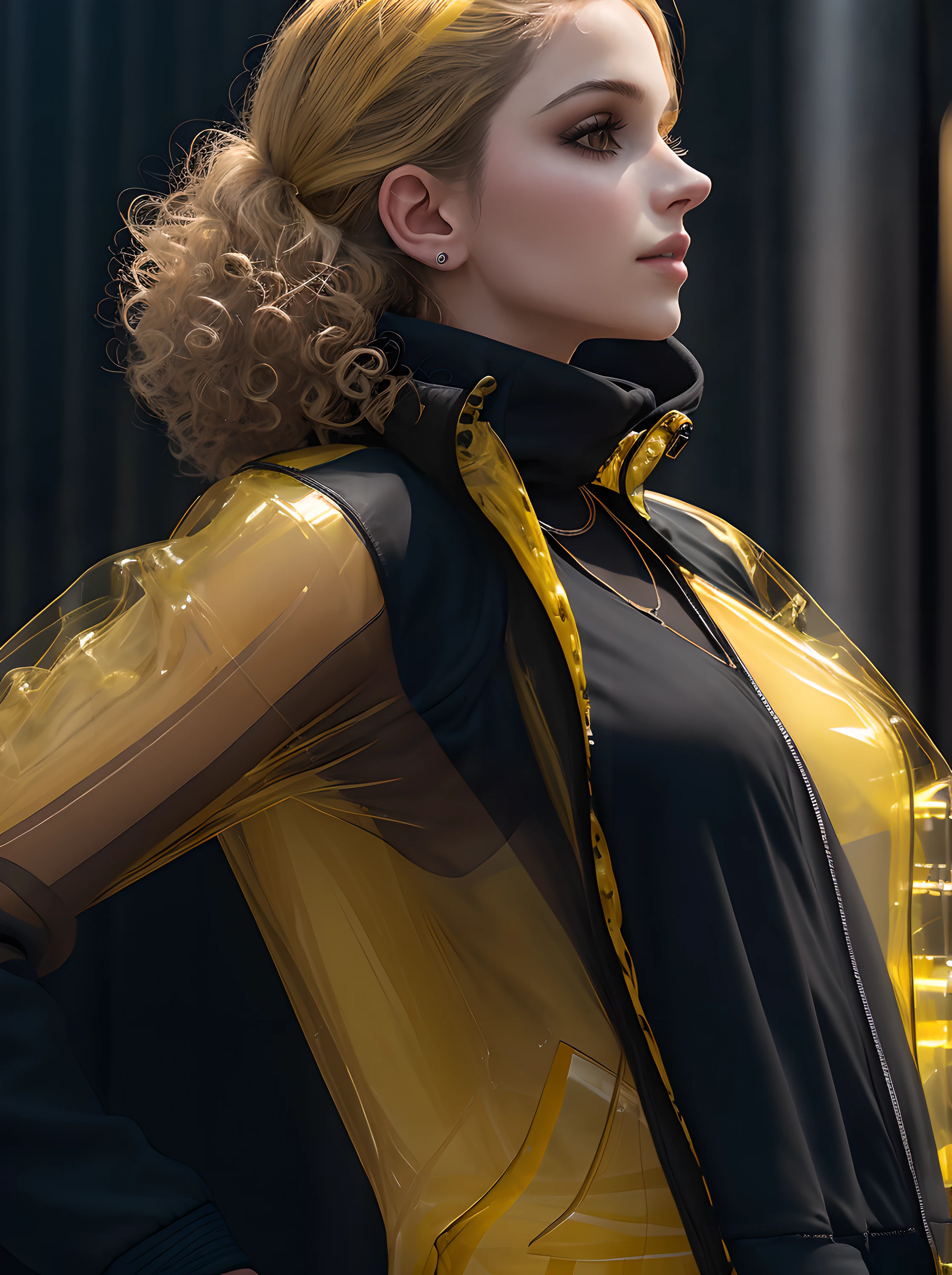 tmasterpiece, beste-Qualit, Side view, the most beautiful Mexican 1girl 25 years old, (photo-realistic: 1.4), Huge yellow eyes, (Half-body shot:1.3), white colored hair, arched forward, Body Half Sideways, looks at the viewer, Average Breasts, suntanned skin, a necklace, hairlong, Curls, (Yellow Transparent Jacket:1.4), (black sweatshirt:1.4), official arts, Unity 8k壁纸, Ultra-detailed, Beautiful and aesthetically pleasing, tmasterpiece, (Imitation of oil smears:1.3), Elegant, bright colours, romanticism, Depth of field, ((cinematic)),