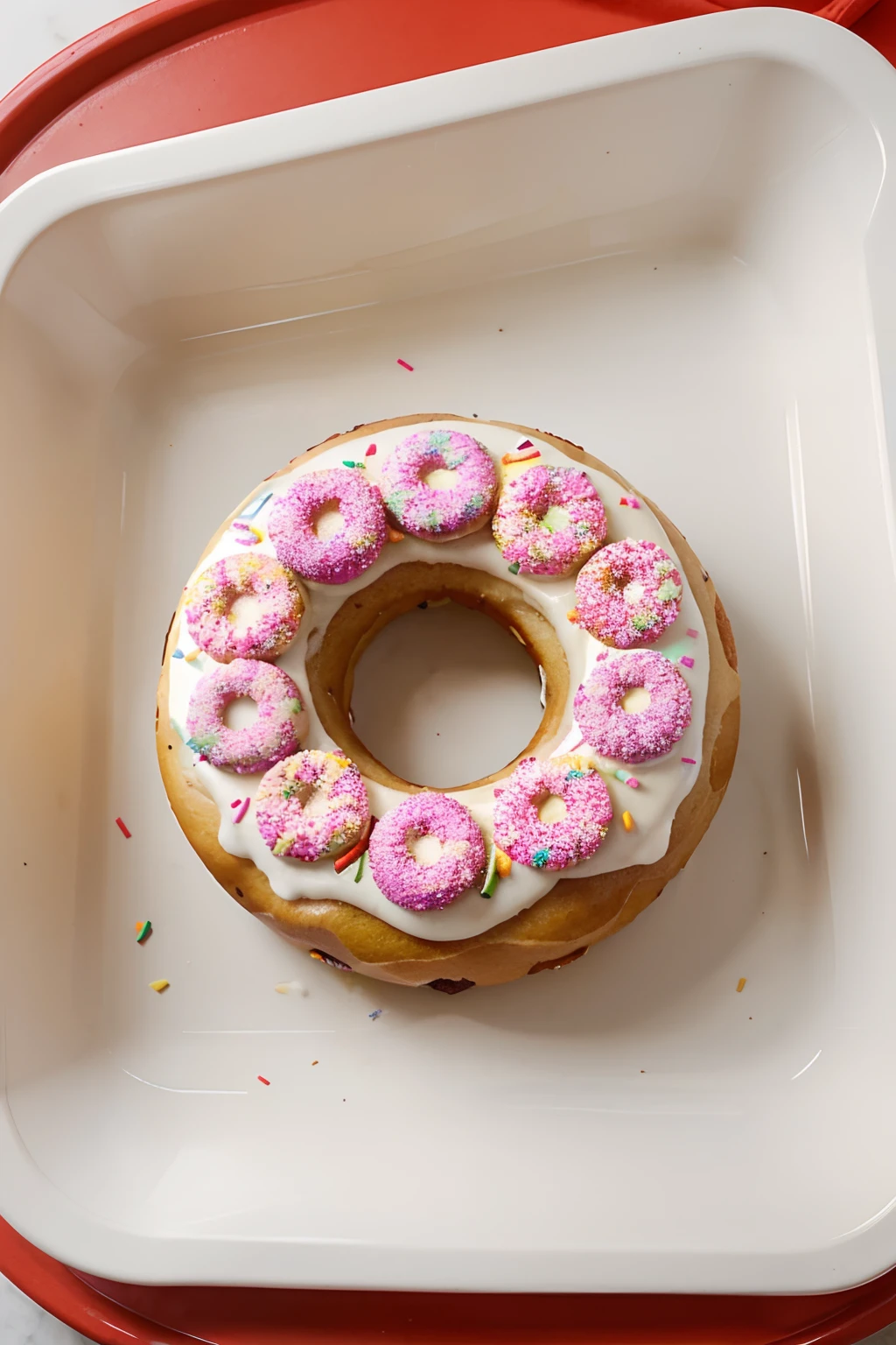 A decorated donut, very delicious, on a tray, top view.