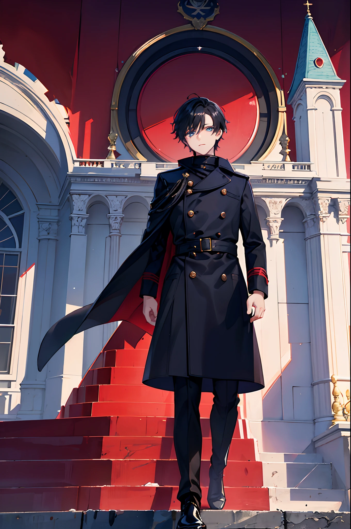 male people　A dark-haired　blue eyess　Sweaters　Black slacks　long boots　Red coat　Outside the castle　New Year　a flag　champagne　​masterpiece　Top image quality　Clear Parts Cinematic Shadows　Increased attractiveness of the eyes　Clear the shine of the eyes　Draw eyelashes neatly　Perfect Eye　A detailed eye　Sharpen image quality　Sharpen eye writing　Clear eye shape