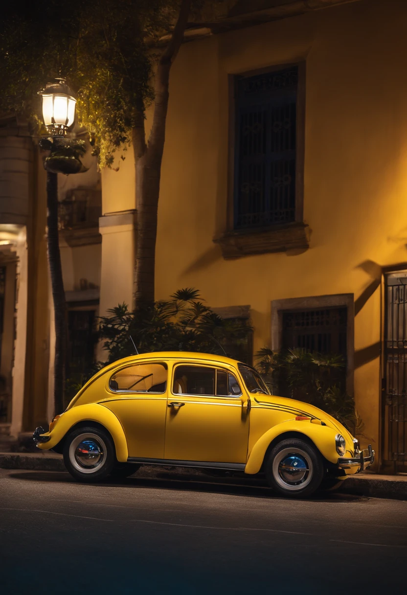 Carro Volkswagen Fusca amarelo com vidros escuros andando na rua de noite