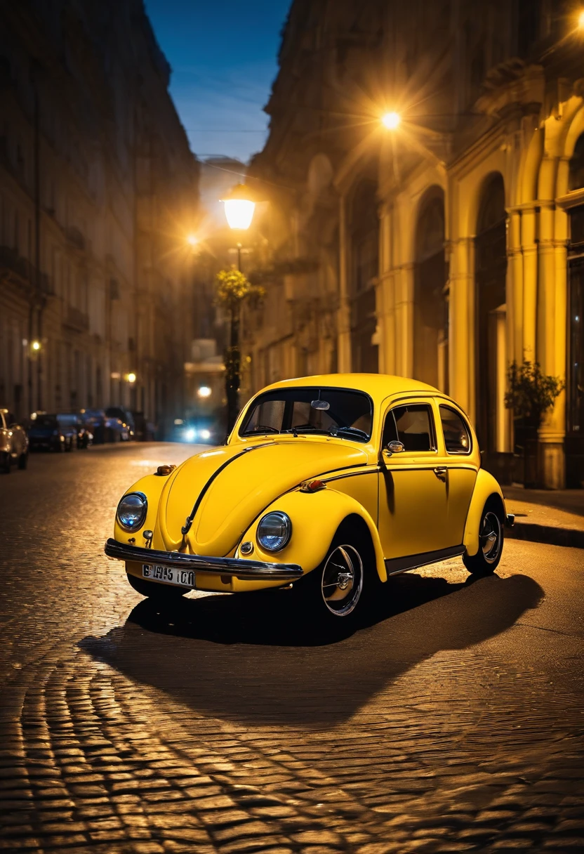 Carro Volkswagen Fusca amarelo com vidros escuros andando na rua de noite