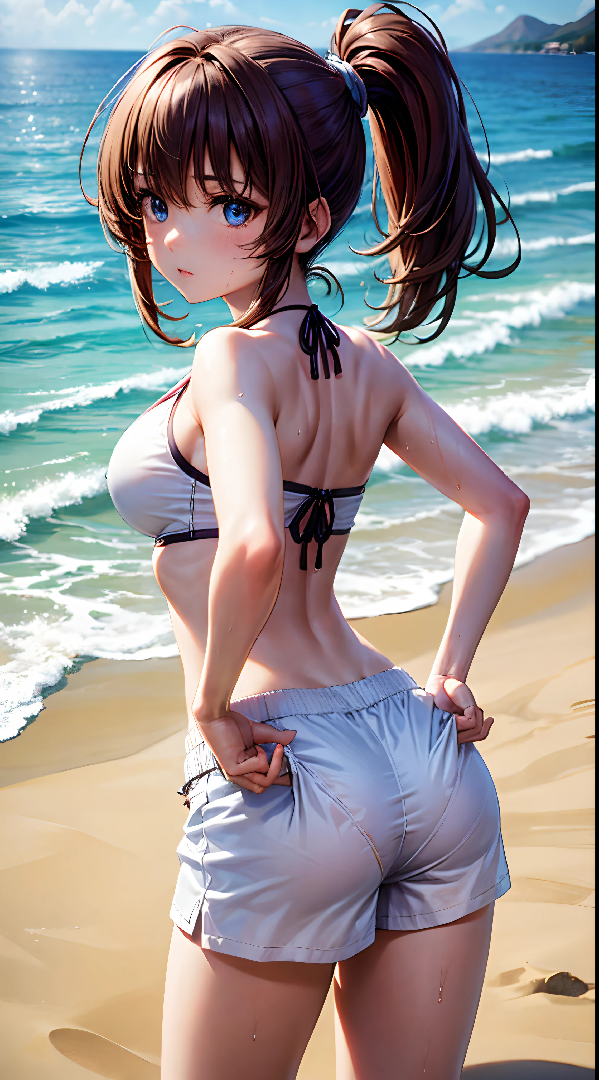 femele,１2 years old,Brown hair,(((maikurobikini))),(((White shorts))),Beautiful ponytail,Blue eyes,Hair fastening to bangs,Wet with water,Look back、sand beach,