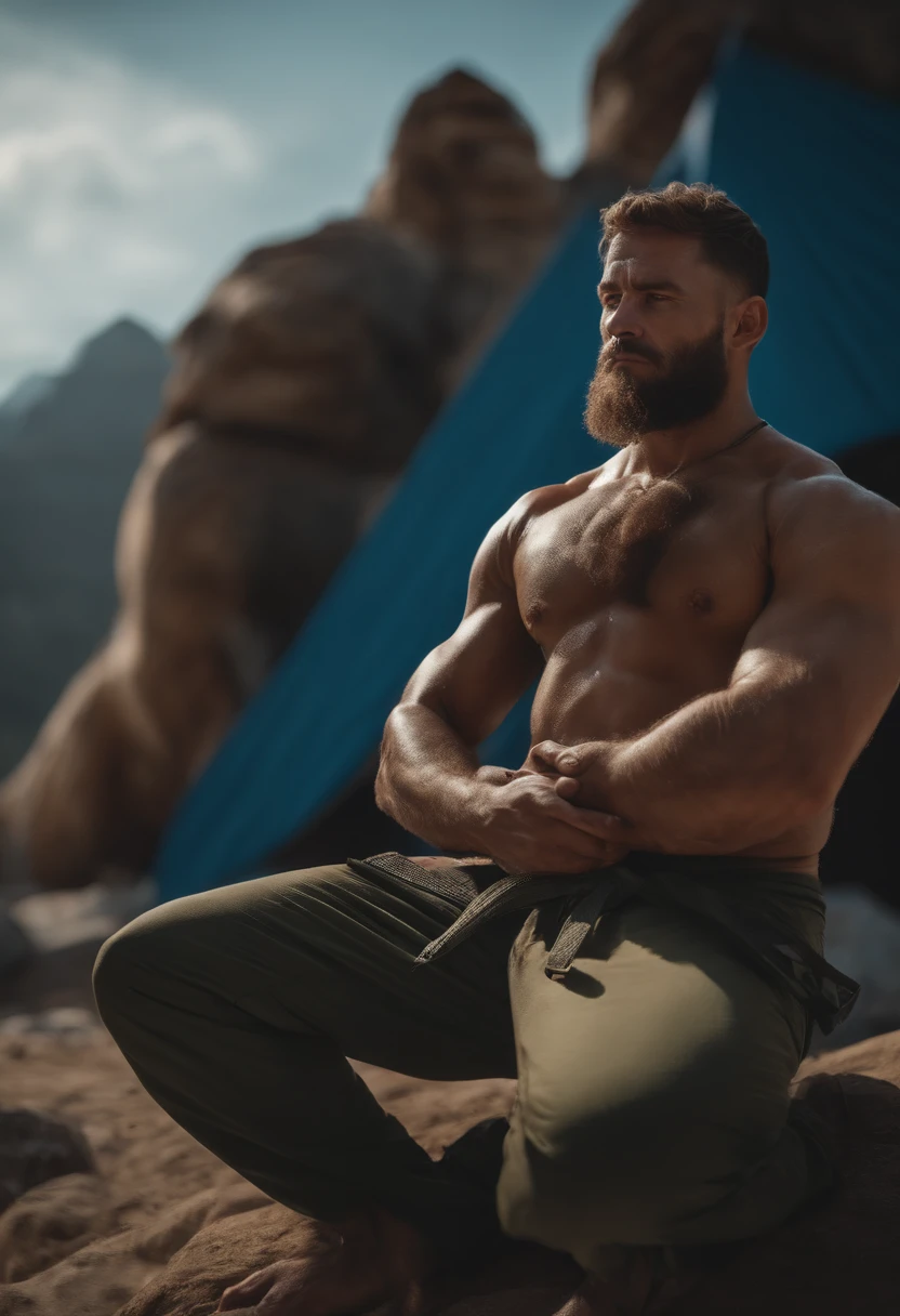 homem em frente a uma gigantesca montanha ao fundo, with arms crossed, Man in combat position, Quimono de jiu-jitsu, 8k, hyper realista, detalhado.