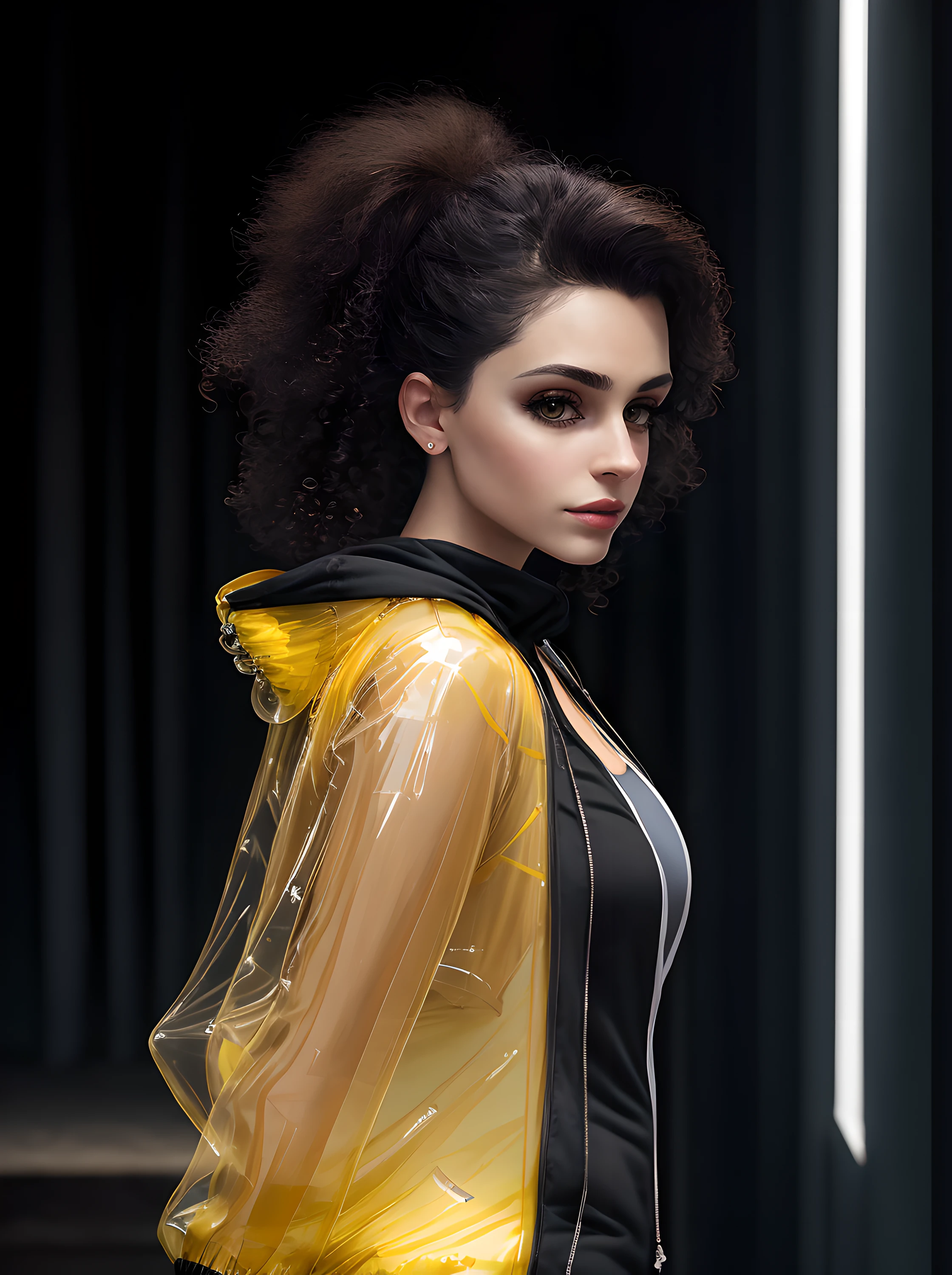 tmasterpiece, beste-Qualit, Side view, the most beautiful Mexican 1girl 25 years old, (photo-realistic: 1.4), Huge yellow eyes, (Half-body shot:1.3), white colored hair, arched forward, Body Half Sideways, looks at the viewer, Average Breasts, suntanned skin, a necklace, hairlong, Curls, (Yellow Transparent Jacket:1.4), (black sweatshirt:1.4), official arts, Unity 8k壁纸, Ultra-detailed, Beautiful and aesthetically pleasing, tmasterpiece, (Imitation of oil smears:1.3), Elegant, bright colours, romanticism, Depth of field, ((cinematic)),