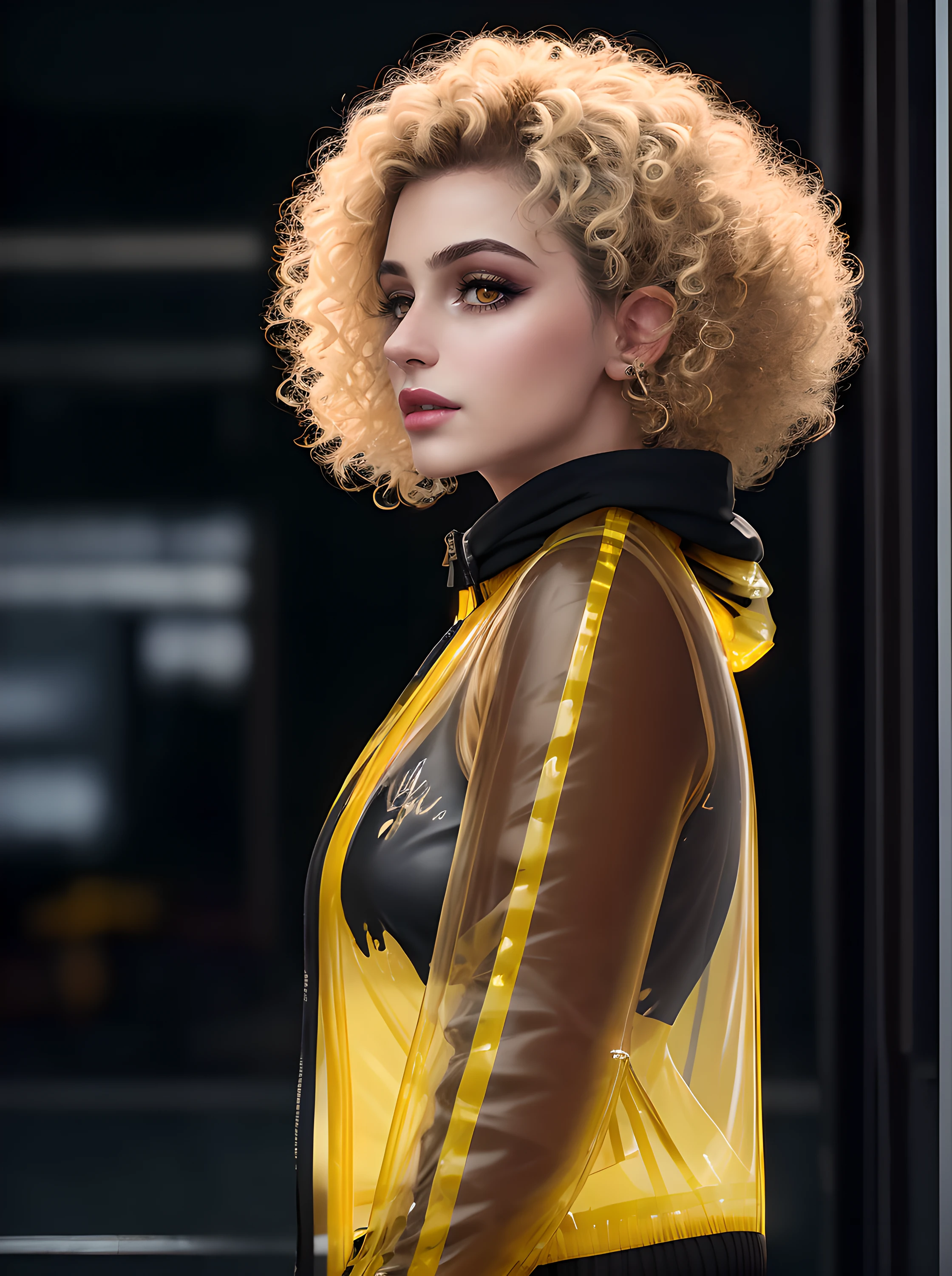 tmasterpiece, beste-Qualit, Side view, the most beautiful Mexican 1girl 25 years old, (photo-realistic: 1.4), Huge yellow eyes, (Half-body shot:1.3), white colored hair, arched forward, Body Half Sideways, looks at the viewer, Average Breasts, suntanned skin, a necklace, hairlong, Curls, (Yellow Transparent Jacket:1.4), (black sweatshirt:1.4), official arts, Unity 8k壁纸, Ultra-detailed, Beautiful and aesthetically pleasing, tmasterpiece, (Imitation of oil smears:1.3), Elegant, bright colours, romanticism, Depth of field, ((cinematic)),