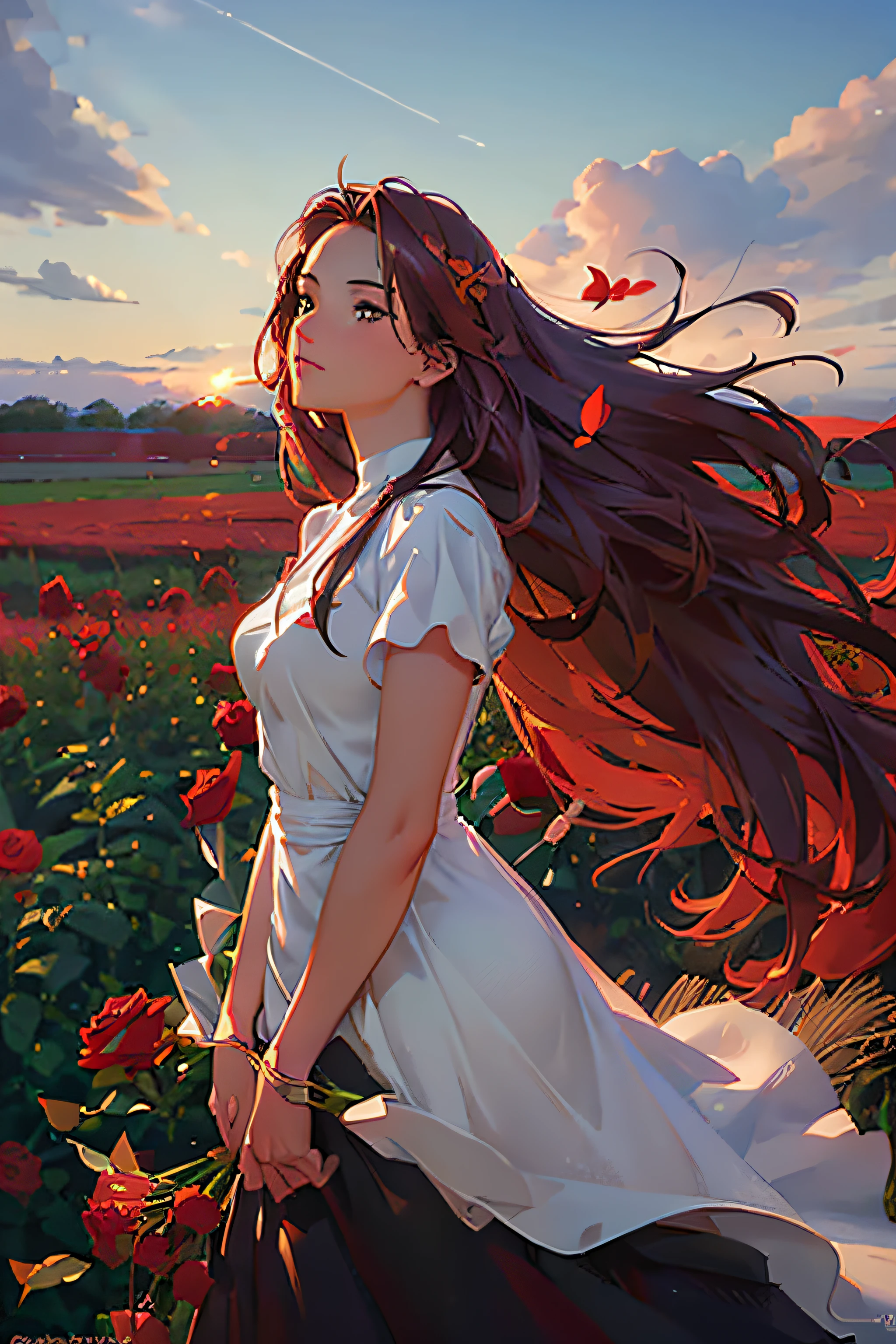 (high quality:1.2),ultra-detailed,(realistic,photorealistic,photo-realistic:1.37),movie poster,female angel figure,standing alone,wheat field,red sunset,rose bouquet,Disney Pixar-inspired,magical,ethereal,strong wings,flowing gown,hair blowing in the wind,dramatic lighting,vibrant colors,heavenly atmosphere,rays of light,peaceful,serene