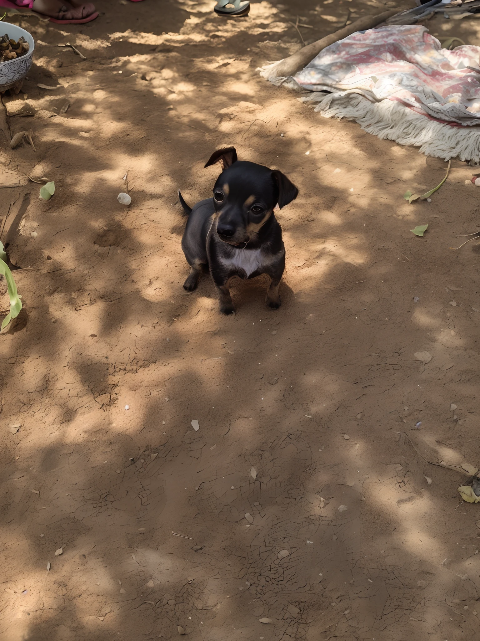 There's a small dog sitting on the ground in the shade, small dog, muito bonito, atrevido!!!, atordoante!, Female Appearance, Chihuahua, um bonito, extremamente bonito, pimenta, Lowres, porco em miniatura, pequenos escombros ocasionais, muito bobo olhando, Olhar peruano, Tomado com Sony Alpha 9, bem editado, black dog, uma obra-prima impressionante