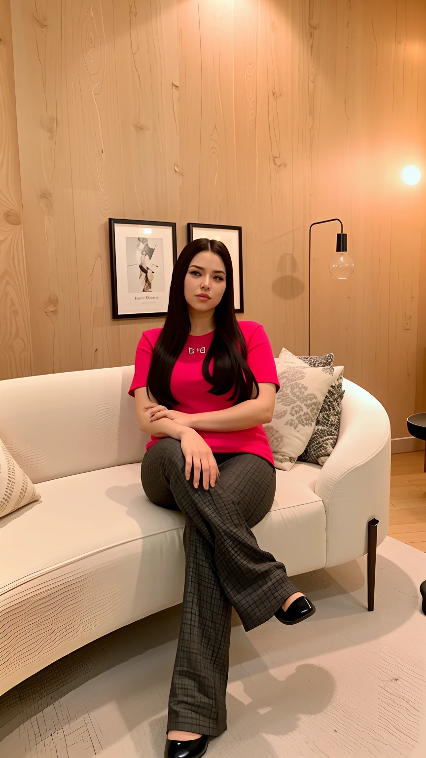 arafed woman sitting on a couch in a living room, by Gina Pellón, Ameera Al Taweel, Alanis Guillen, curtido Ameera Al Taweel, sentado em um lounge, fernanda suarez, Karla Ortiz, sitting on couch, julia fuentes, Marischa Becker, seated in a couch, Directed by: Myra Landau