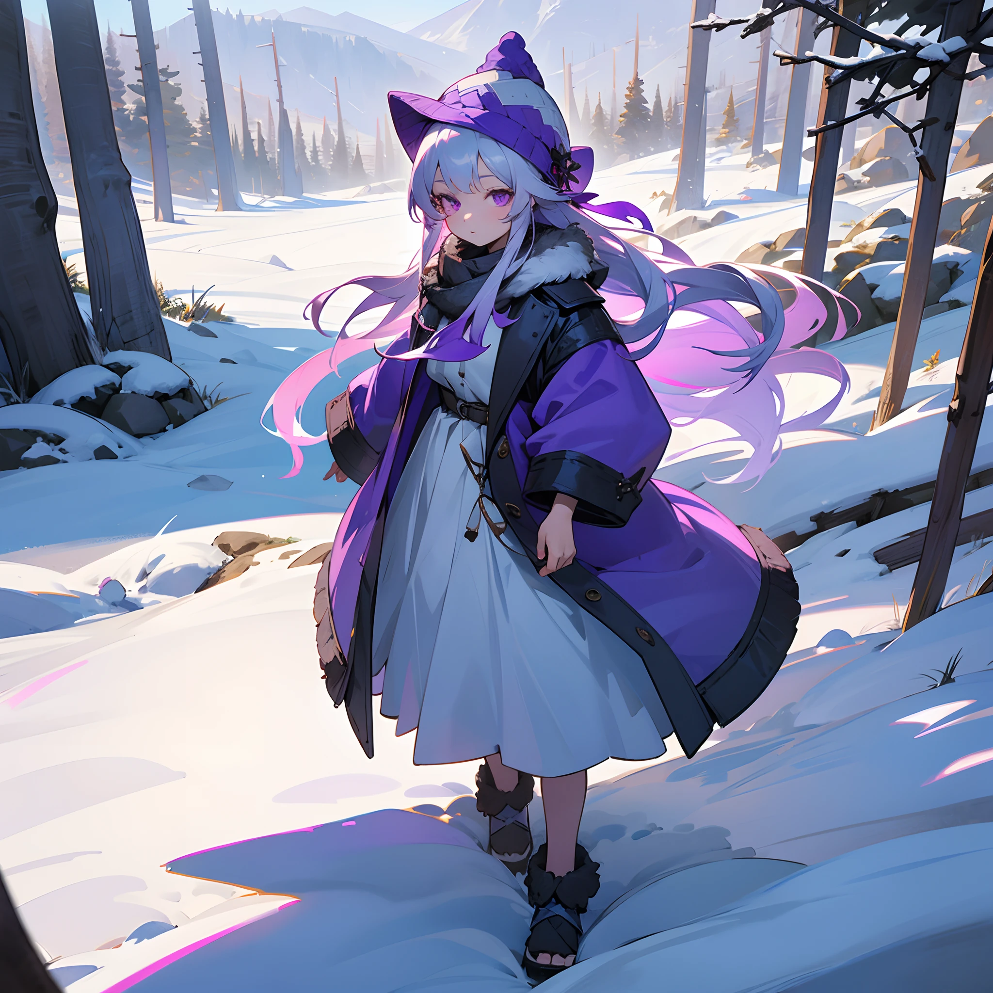 1female, child, long silver hair, finely detailed purple eyes, loose casual clothing, jacket with fur, winter hat, walking down path, snowy mountain, lanterns, flowers ,best lighting and shadows