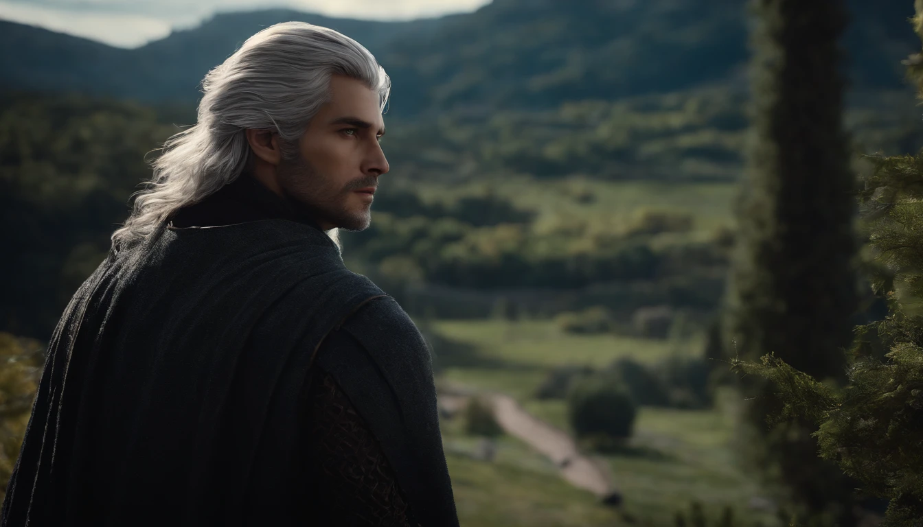 A handsome young male character with medium silver hair looking at the kingdom with a serene expression, roupas medievais, olhos azuis, ele tem uma espada, Dark setting, ultra-realistic, Estilo de desenho Guweiz, Landscape, 8k, inverno, Dramatic Particles, melhor qualidade,4k,8k,alto,master part:1.2,ultra-detalhado,Realistic:1.37.