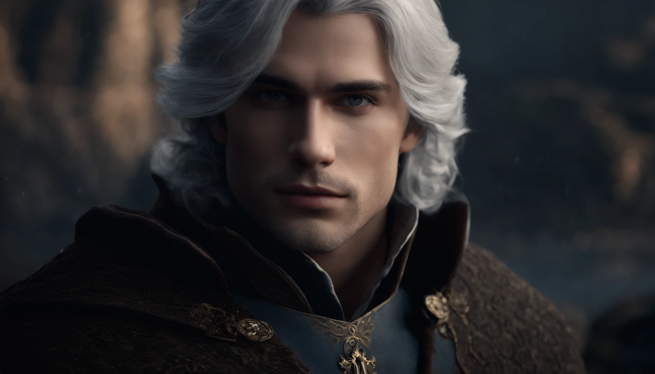 A handsome young male character with medium silver hair looking at the kingdom with a serene expression, roupas medievais, olhos azuis, ele tem uma espada, Dark setting, ultra-realistic, Estilo de desenho Guweiz, Landscape, 8k, inverno, Dramatic Particles, melhor qualidade,4k,8k,alto,master part:1.2,ultra-detalhado,Realistic:1.37.