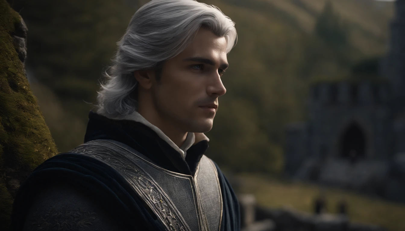A handsome young male character with medium silver hair looking at the kingdom with a serene expression, roupas medievais, olhos azuis, ele tem uma espada, Dark setting, ultra-realistic, Estilo de desenho Guweiz, Landscape, 8k, inverno, Dramatic Particles, melhor qualidade,4k,8k,alto,master part:1.2,ultra-detalhado,Realistic:1.37.