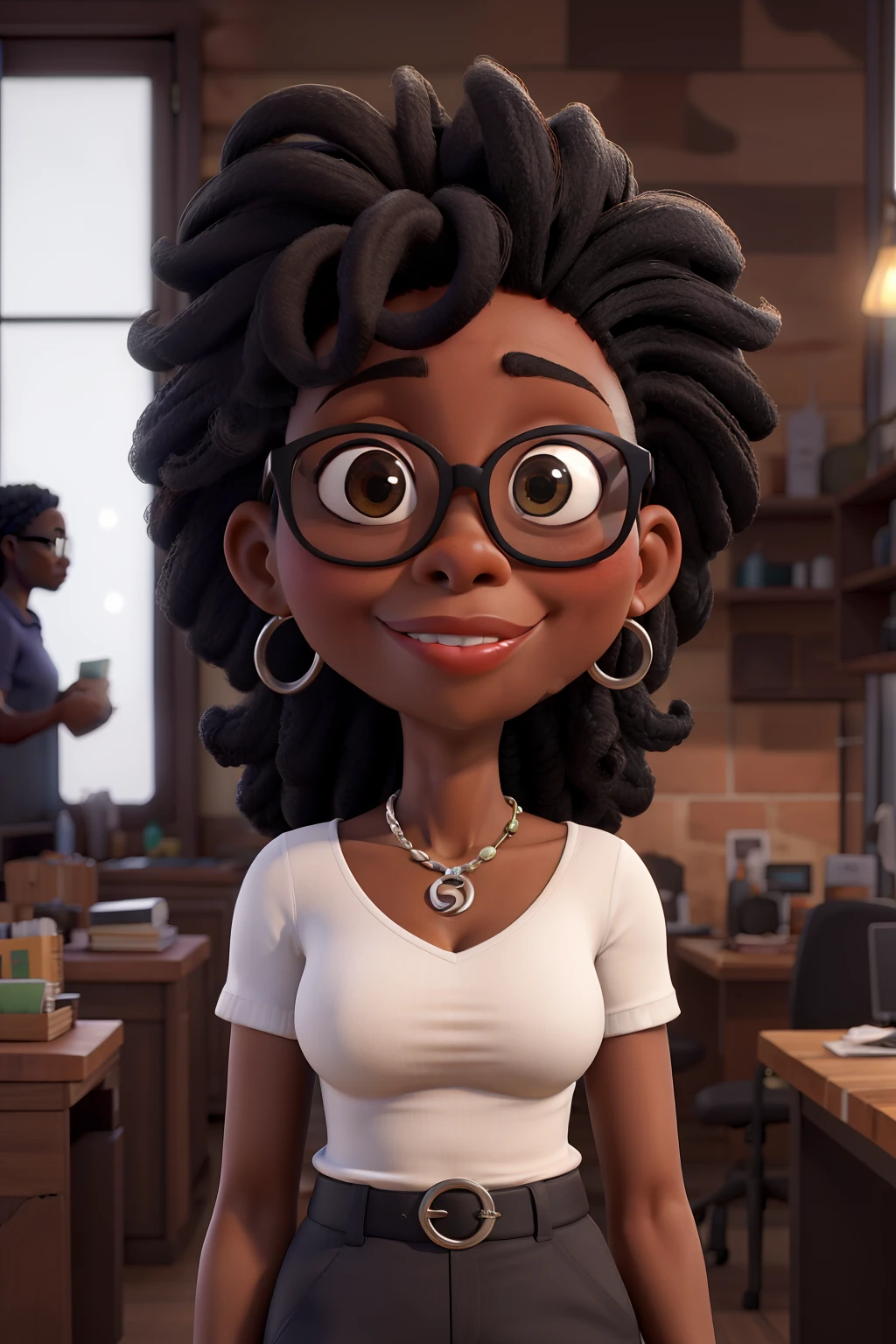 cabelos castanhos cacheados claros, modern glasses,olhar misterioso,Mulher negra, pele preta, olhar misterioso