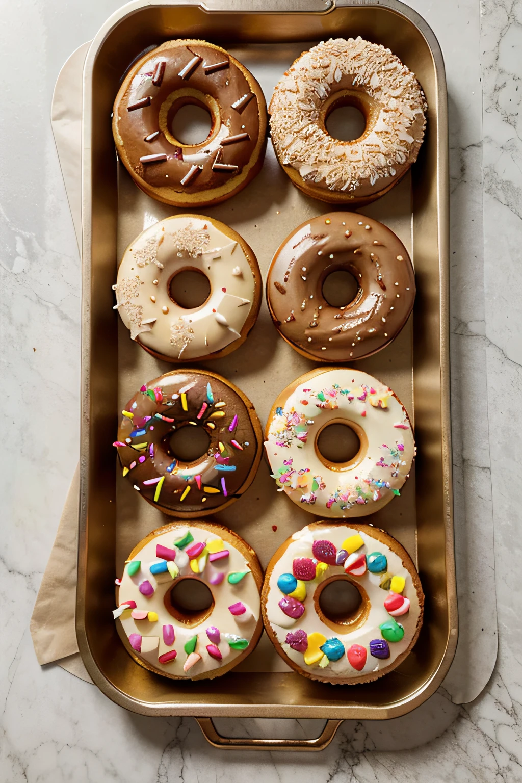 A decorated donut, very delicious, on a tray, top view.
