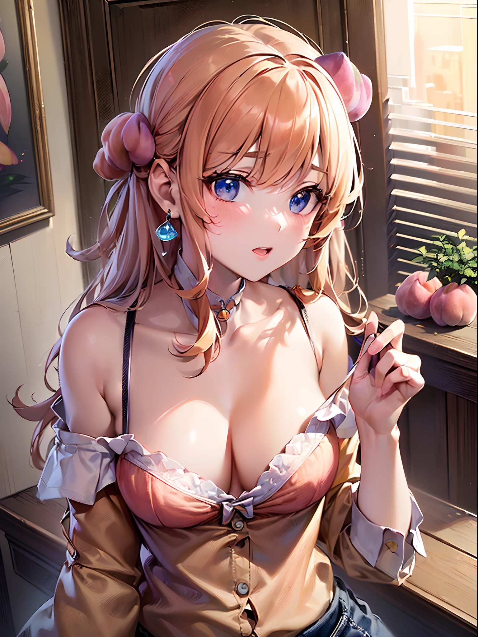 ((Finest quality)),(超A high resolution),(ultra-detailliert),(Meticulous portrayal),((best pictures)),(Finest works of art),Ultra-Precision Art,The art of astounding depiction, (1人の女性:1.5),(Peach-colored off-the-shoulder shirt:1.6),bra strap:1.3