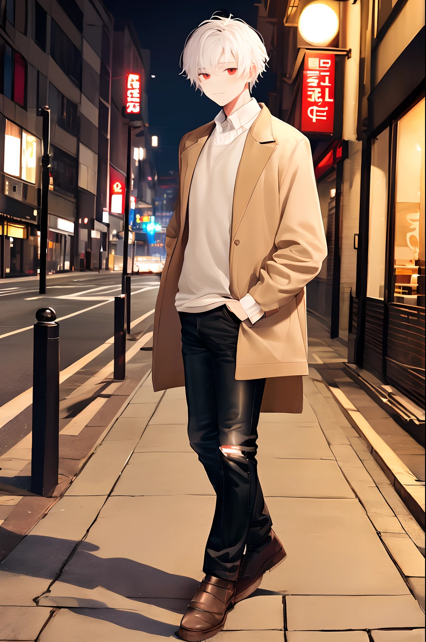 (4K works))、masterpiece、(top-quality)、((Midnight Night Road))、Korean Male、Adult male、((Adult 50 years old))、((Adult uncle type))、((Leather Jeans Style))、((Face similar to Hyunjin))、Cool Men、tall、((Gentle face))、((Cool werewolf fashion in black))、((Long sleeve long trouser style))、((Smaller face))、Slim body、((Uncle))、((white hair))、((white short-haired))、((Red Eyes))、((shot from front))、((Shot alone))、((Solo Photography))、Professional Photos、((Reach out to your audience))、((He walks in front of the viewer))、((dad bod))、