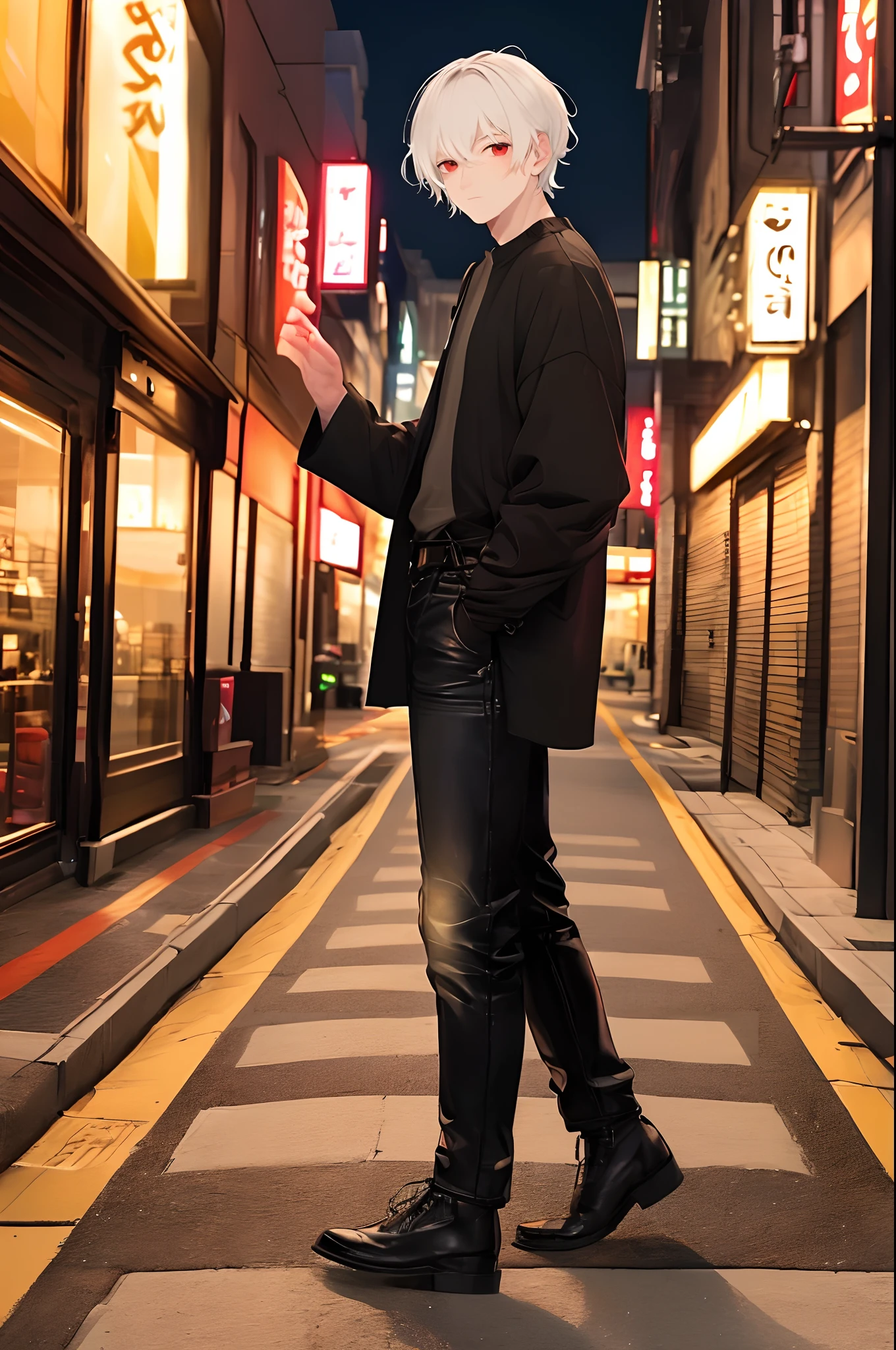 (4K works))、​masterpiece、(top-quality)、((Midnight Night Road))、Korean Male、Adult male、((Adult 50 years old))、((Adult uncle type))、((Leather Jeans Style))、((Face similar to Hyunjin))、Cool Men、tall、((Gentle face))、((Cool werewolf fashion in black))、((Long sleeve long trouser style))、((Smaller face))、Slim body、((Uncle))、((white  hair))、((white short-haired))、((Red Eyes))、((shot from front))、((Shot alone))、((Solo Photography))、Professional Photos、((Reach out to your audience))、((He walks in front of the viewer))、((dad bod))、