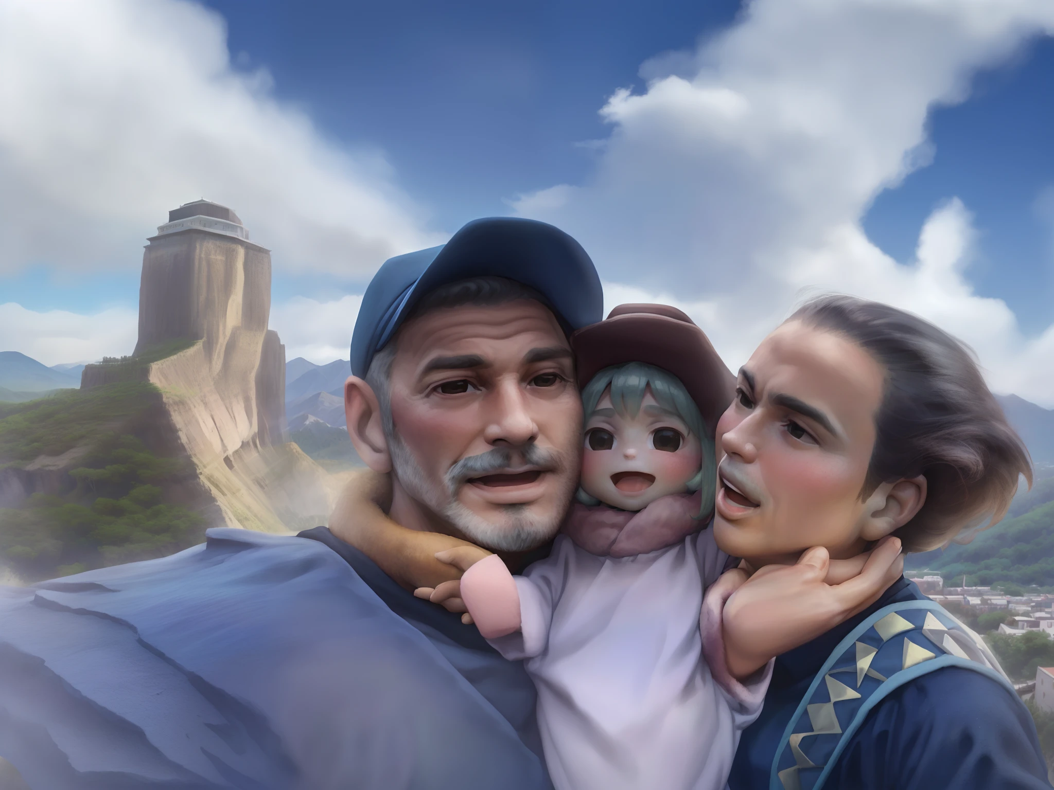 There's a man and a woman and a child posing for a photo, com montanhas ao fundo, Montanhas ao fundo, com montanhas como pano de fundo, com montanhas no fundo, marido esposa e filho, montanha ao fundo, Epic mountains in the background, vacation photo, Moutain no fundo, algumas montanhas ao fundo, nas montanhas, imagem de perfil, imagem do avatar