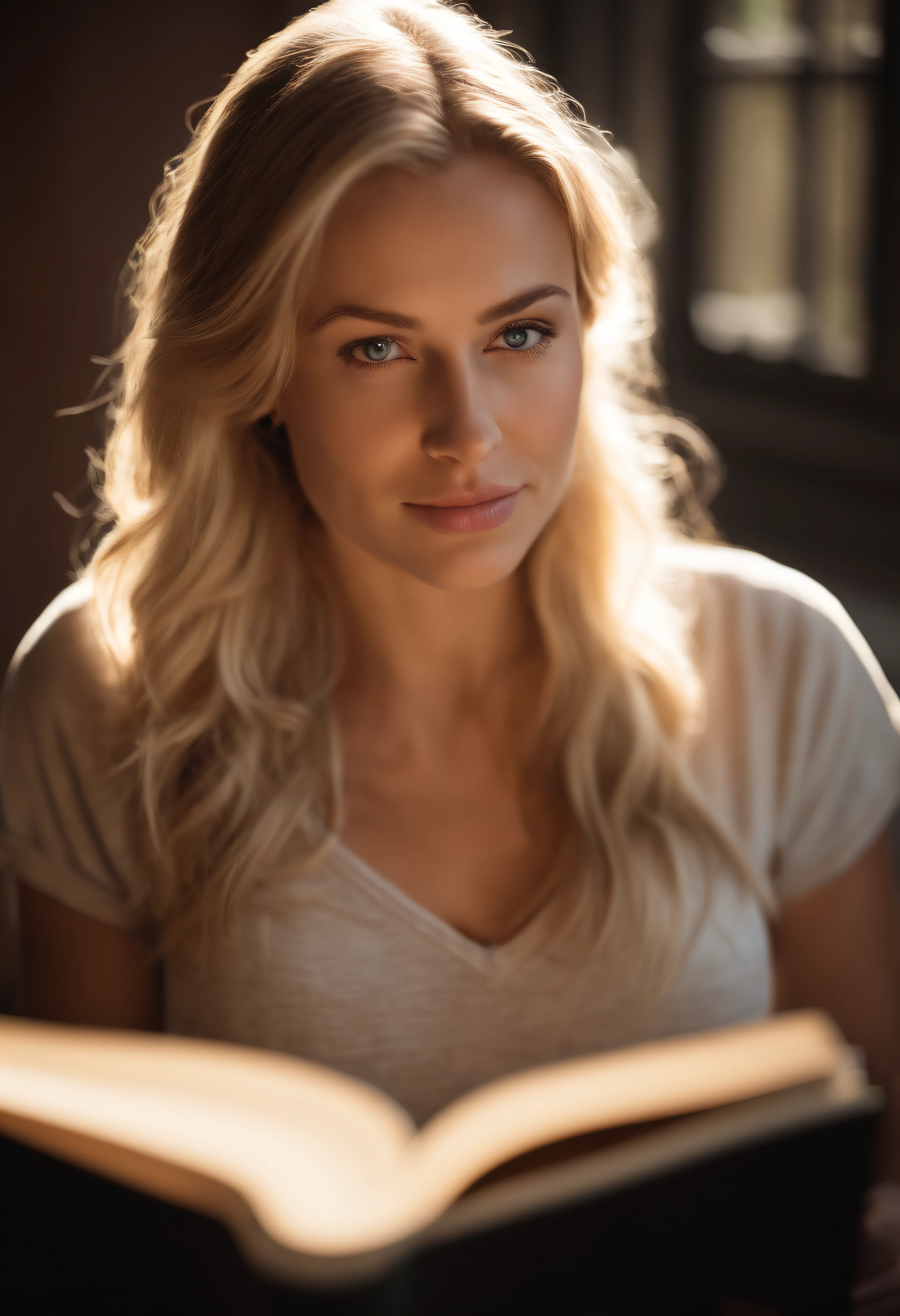 Blonde pretty woman, 24 years old, thin, wearing t-shirt, realistic skin tones, realistic details and complexion, using a journal, journal cover facing camera, woman with journal facing camera, journal cover facing front, pretty girl with journal, blue eyes, beautiful light, reading a book