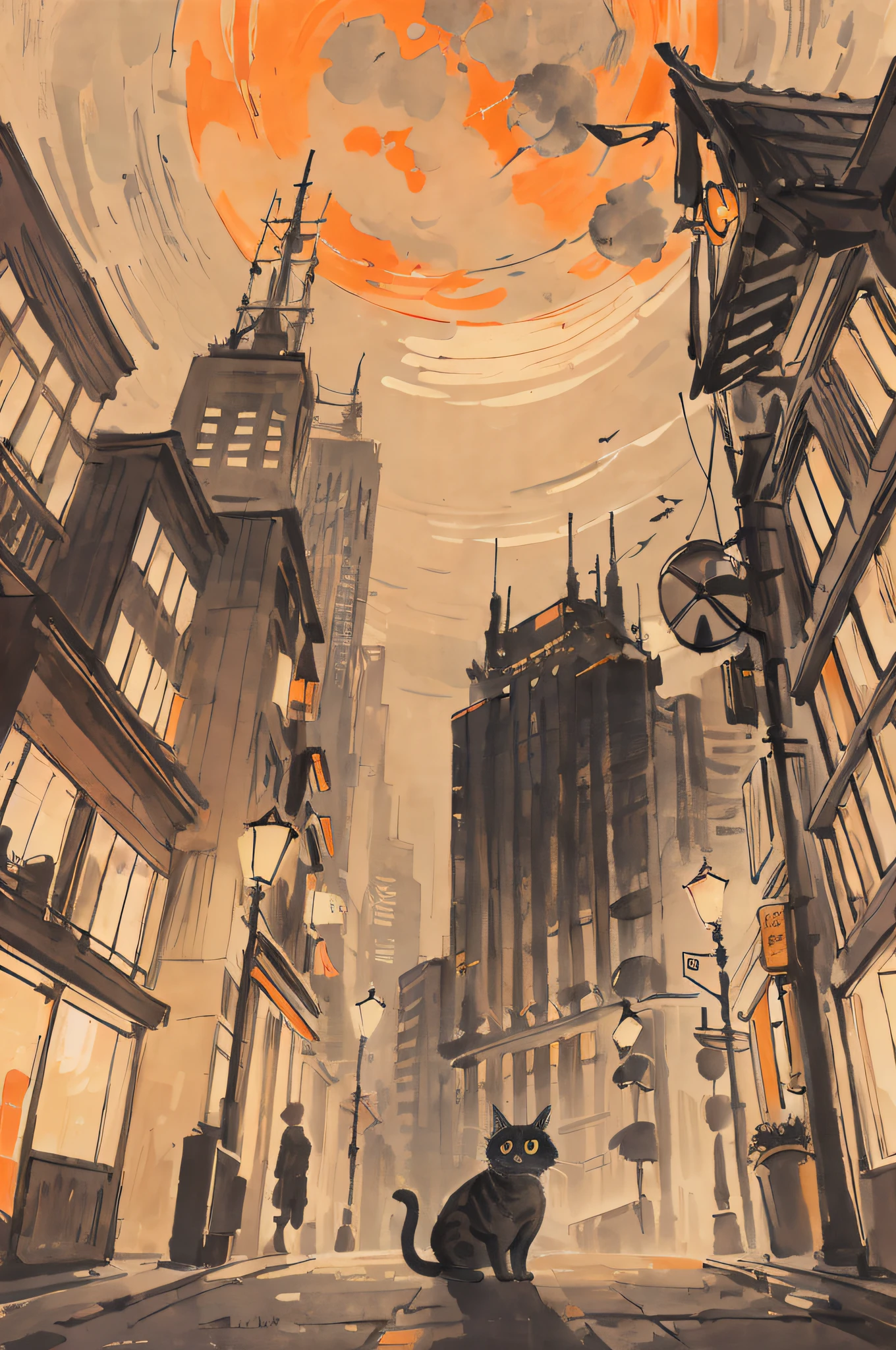 cat, orange, cute, big eyes, masterpiece, full moon, skyscrapers, street
