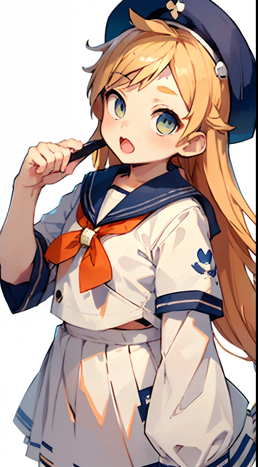 View from the front、Shoot head-on,View from the front、White background、Solid color background、1girl in, Deformed picture、Comical picture、Solo, Open your mouth wide to the maximum、a sailor suit、student clothes、Sailor Cap、odd eye、thin lipss、Long blonde hair and white shirt,