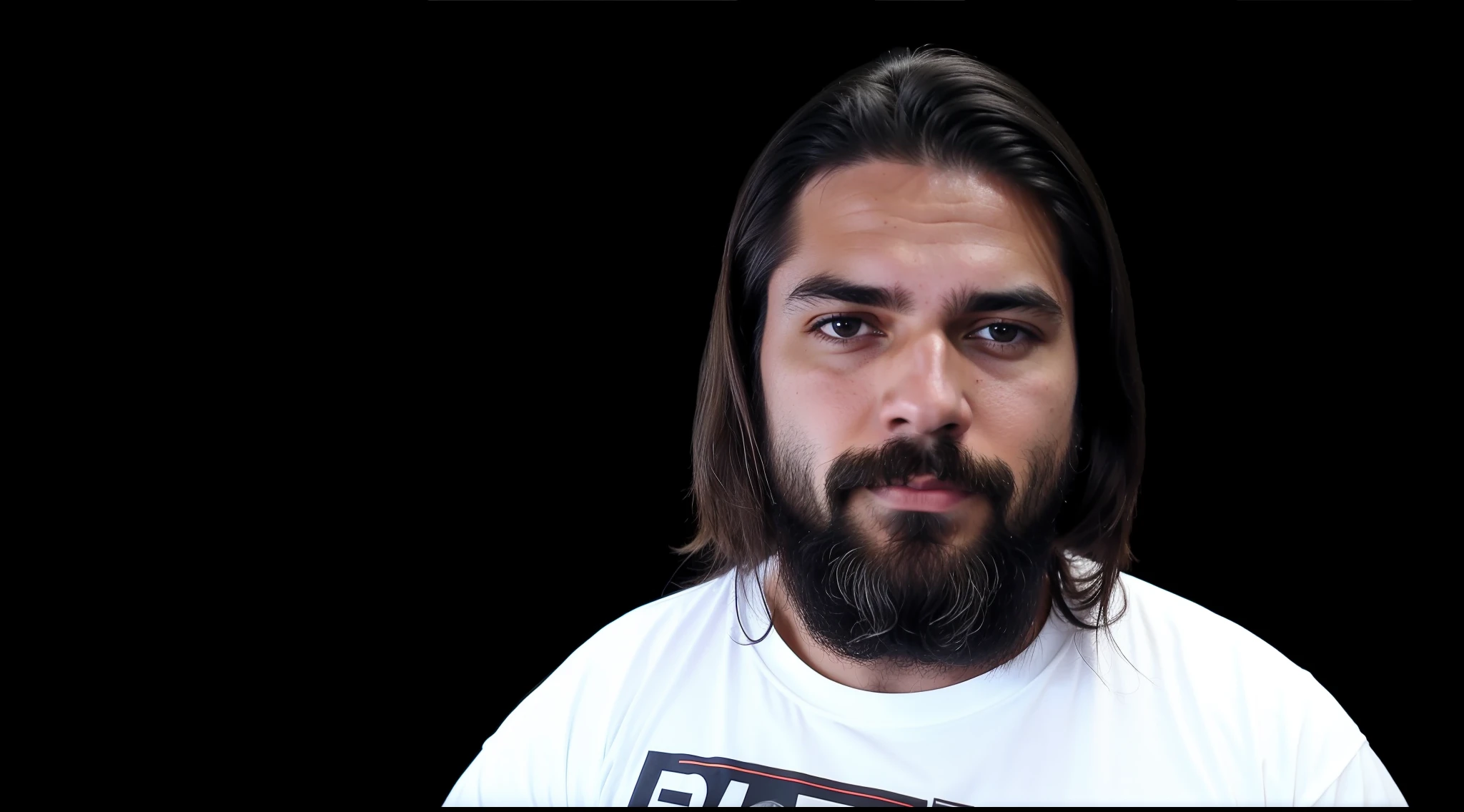 There's a man with long hair and a beard wearing a white shirt, standing with a black background, na frente de um fundo preto, Marcos Silvestri, Streamer do Twitch / Jogador Ludwig, Alexandros Pyromallis, whitebangscabelo negro, david rios ferreira, youtube video screenshot, gui guimaraes, Johnny Silverhand, ástor alexander