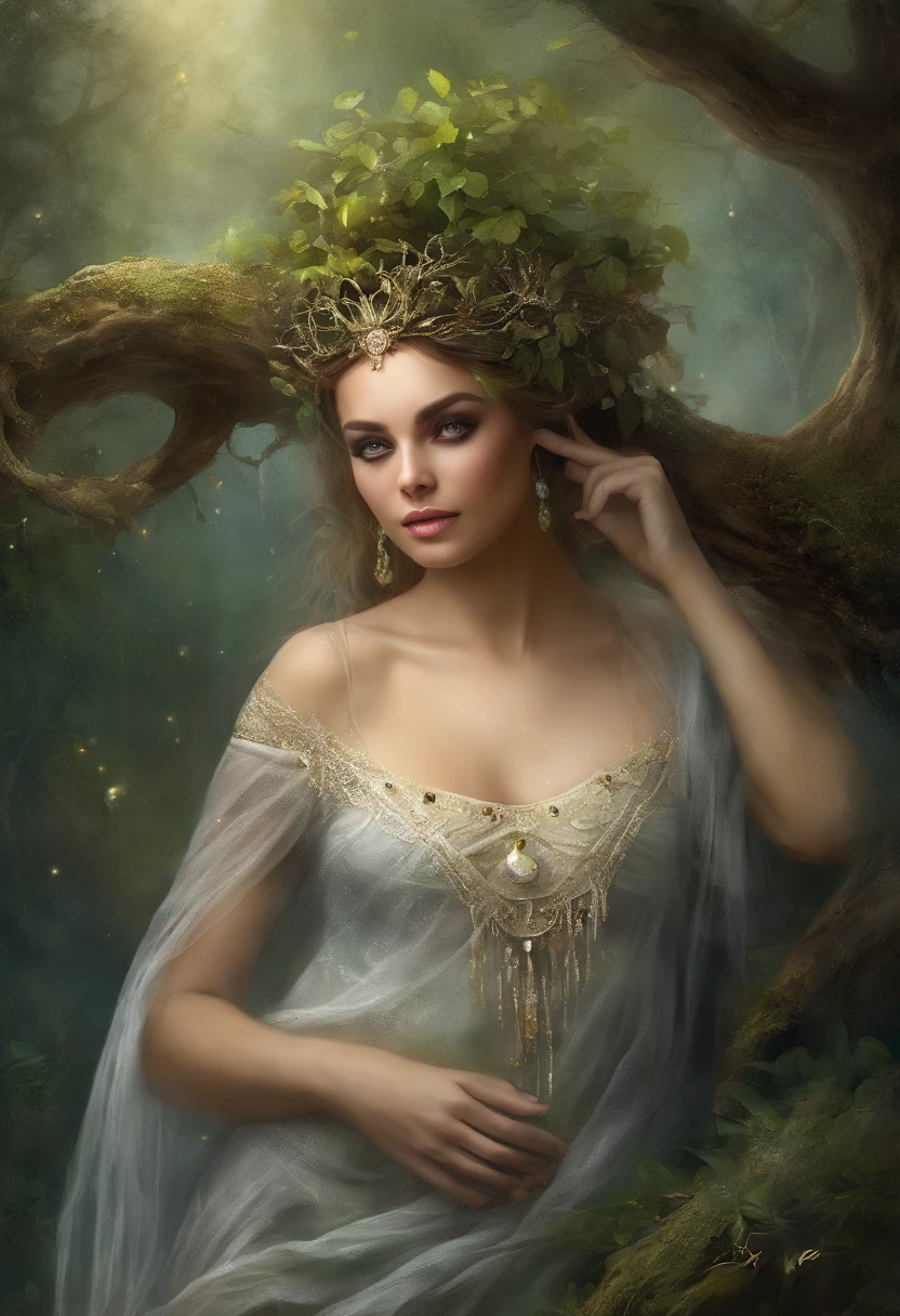 (melhor qualidade,4k,8k,Altas,master part:1.2),ultra-detalhado,(Realistic,fotorrealista,photo-realistic:1.37),submundo, criatura feminina Dryad,Gloomy ethereal landscape,lush vegetation,majestic ancient trees,Magical moonlight flowing through the branches,Soft, shiny moss covering the ground, asas transparentes fracas, Mesmerizing eyes that emit a glow and serene expression, pose graciosa, artist's interpretation, paleta de coreescuras ,mystic atmosphere, playful and extravagant elements, mesmerizing presence, mistura harmoniosa da Dryad com seu entorno,Immersive fantasy feel,natural and realistic lighting