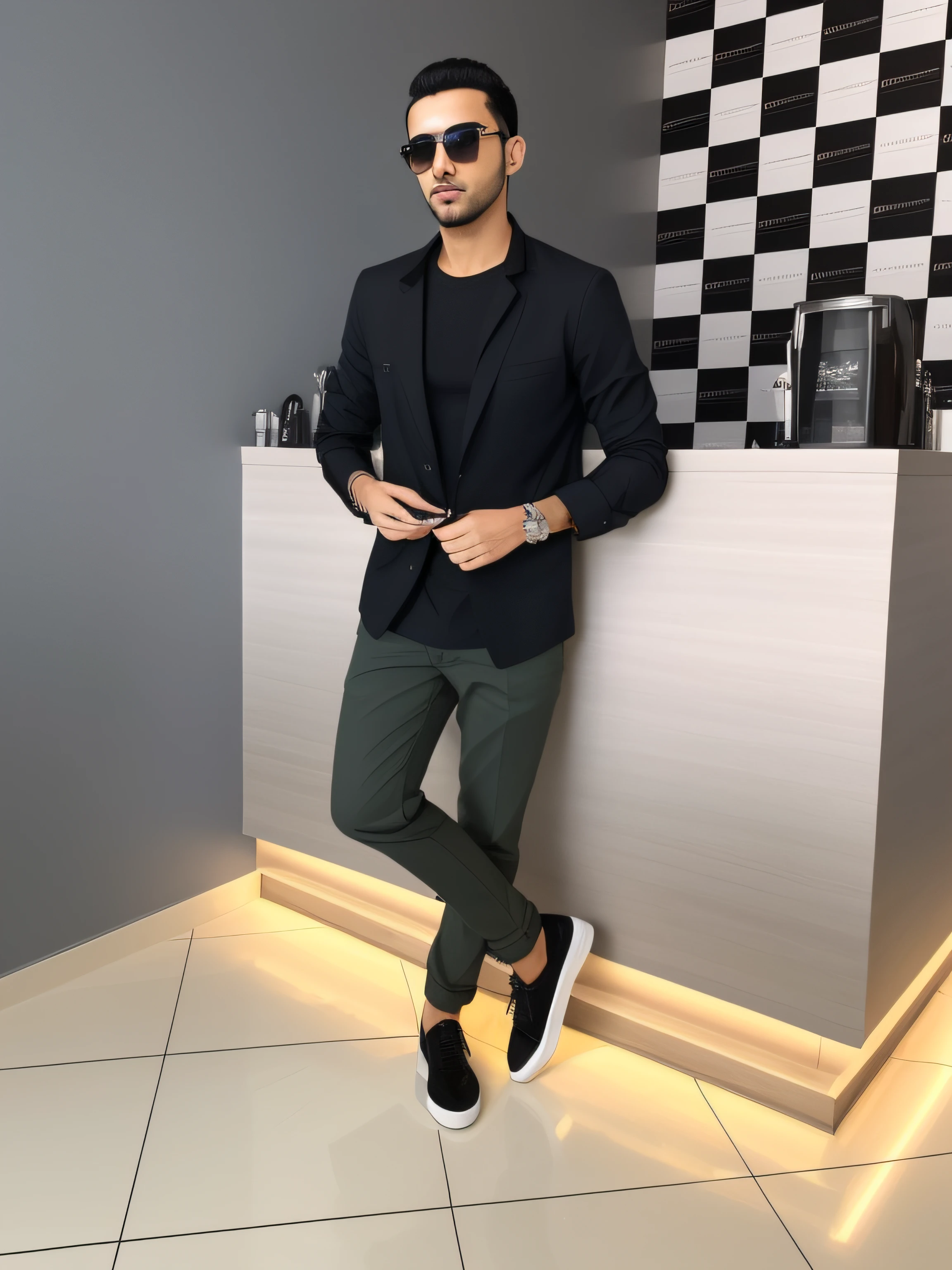 A man in a black shirt and sunglasses in front of a counter, Casual inteligente, Estilo de Paolo Parente, estilo cool, imagem de corpo inteiro, Estilo Mohamed Chahin, Directed by: Luis Miranda, Directed by: Nandor Soldier, casual business clothes, por Romain brook, stylization, Estilo de Greg Rutkowski, inspired by Antônio Parreiras