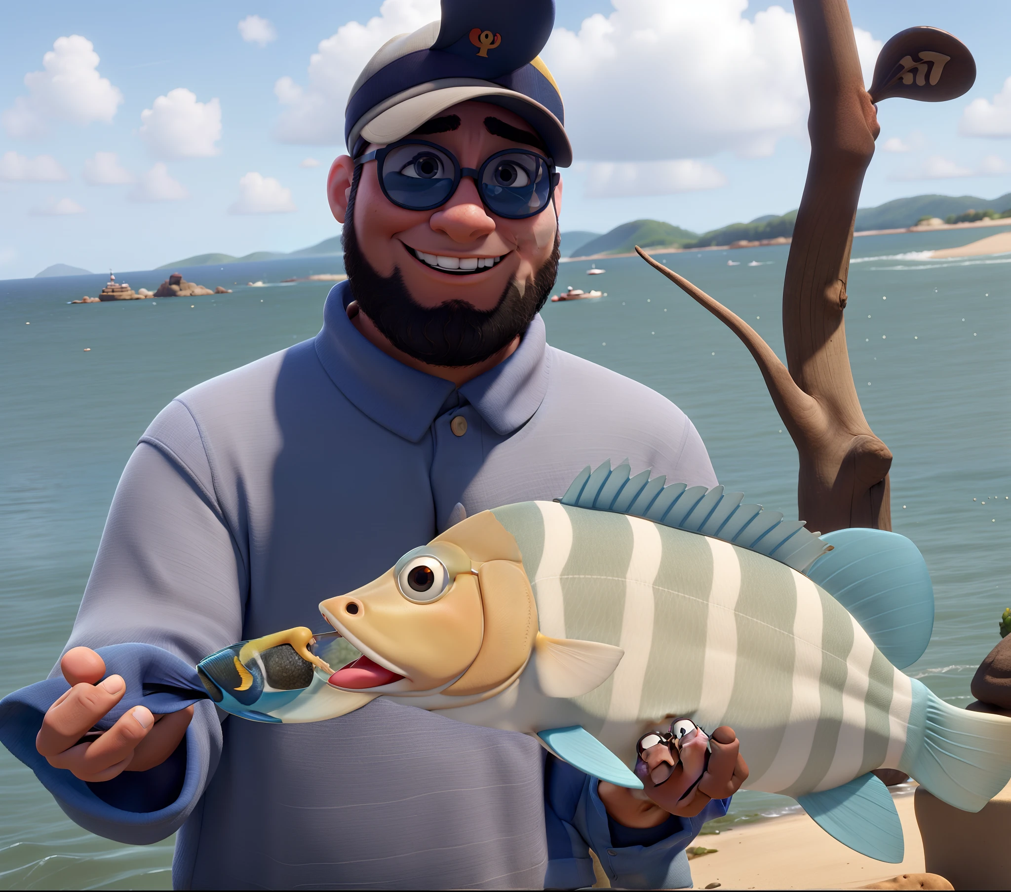 Homem estilo Disney pixar, With a fish you've just caught in your hand, sun glasses, bonnet,