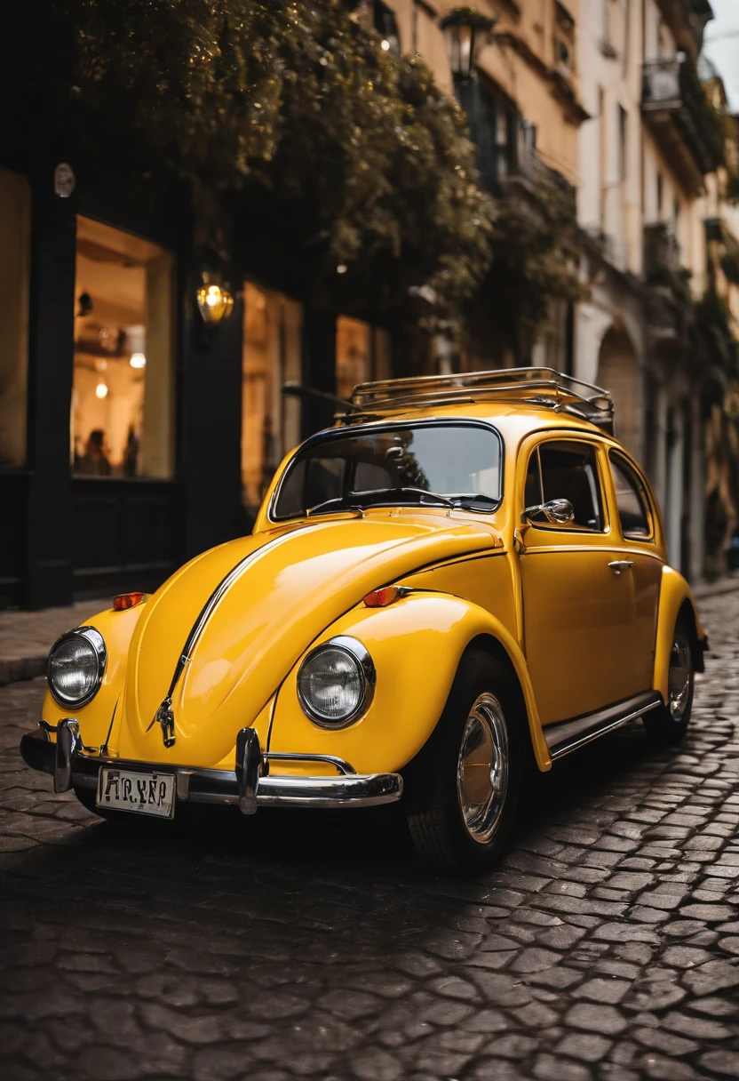 Carro Volkswagen Fusca amarelo com vidros pretos, com roda bbs cromada, com para-choques lisos, With mile headlights walking down the street at night
