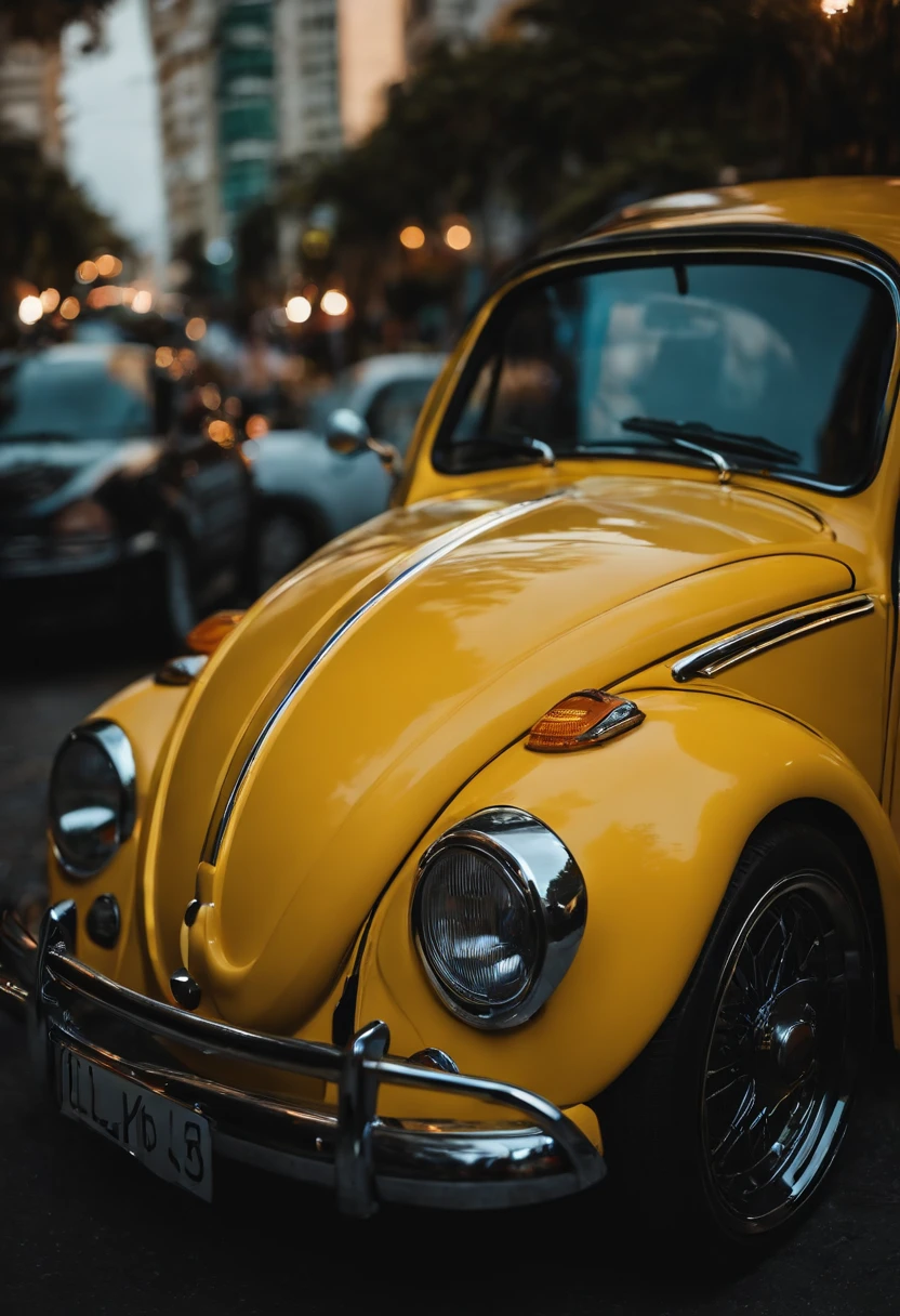 Carro Volkswagen Fusca amarelo com vidros pretos, com roda bbs cromada, com para-choques lisos, With mile headlights walking down the street at night