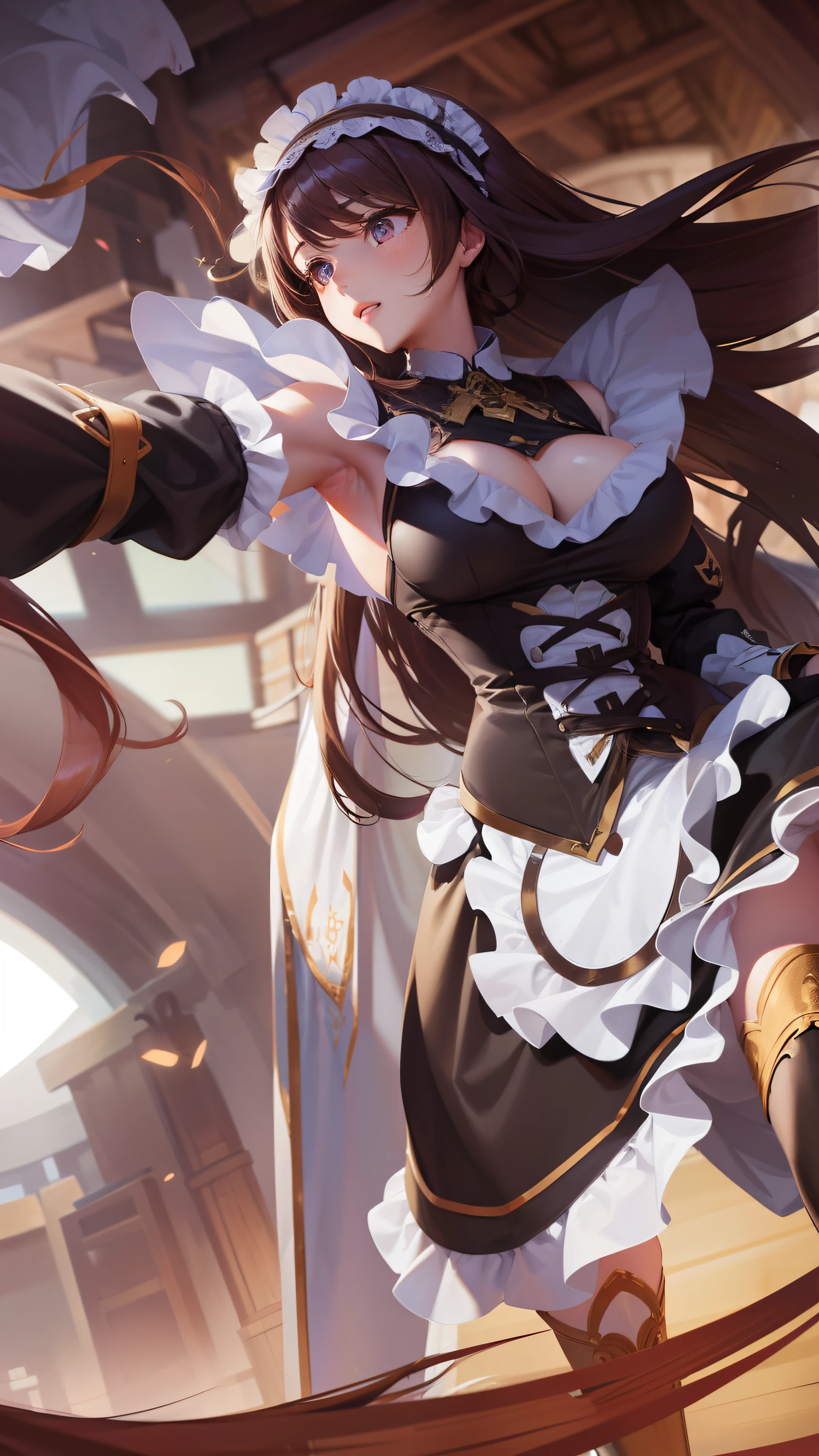 woman, long brown hair, revealing maid dress,  bandanamid, long sleeves, mask, big boobs,beatiful face,focus eyes