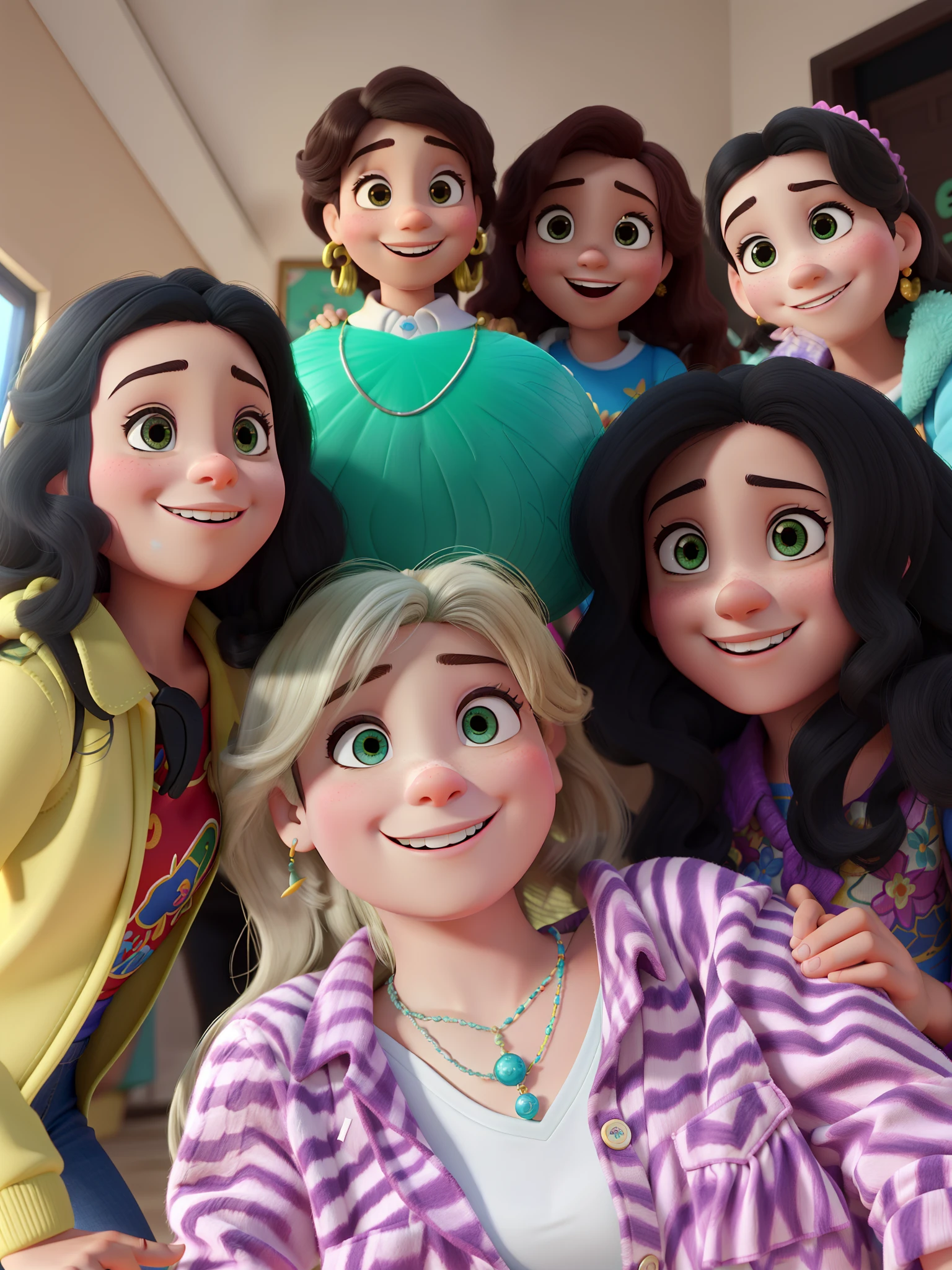 Cinco mulheres e uma menina, felizes, olhando para a camera. Disney pixar, alta qualidade, melhor qualidade