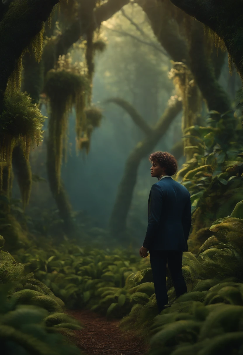 , preto, short curly hair, roupas azuis, alegre, ATRAVESSANDO UM RIACHO, FOREST SCENERY OF THE CARNIVORAS PLANT, 3D animation
