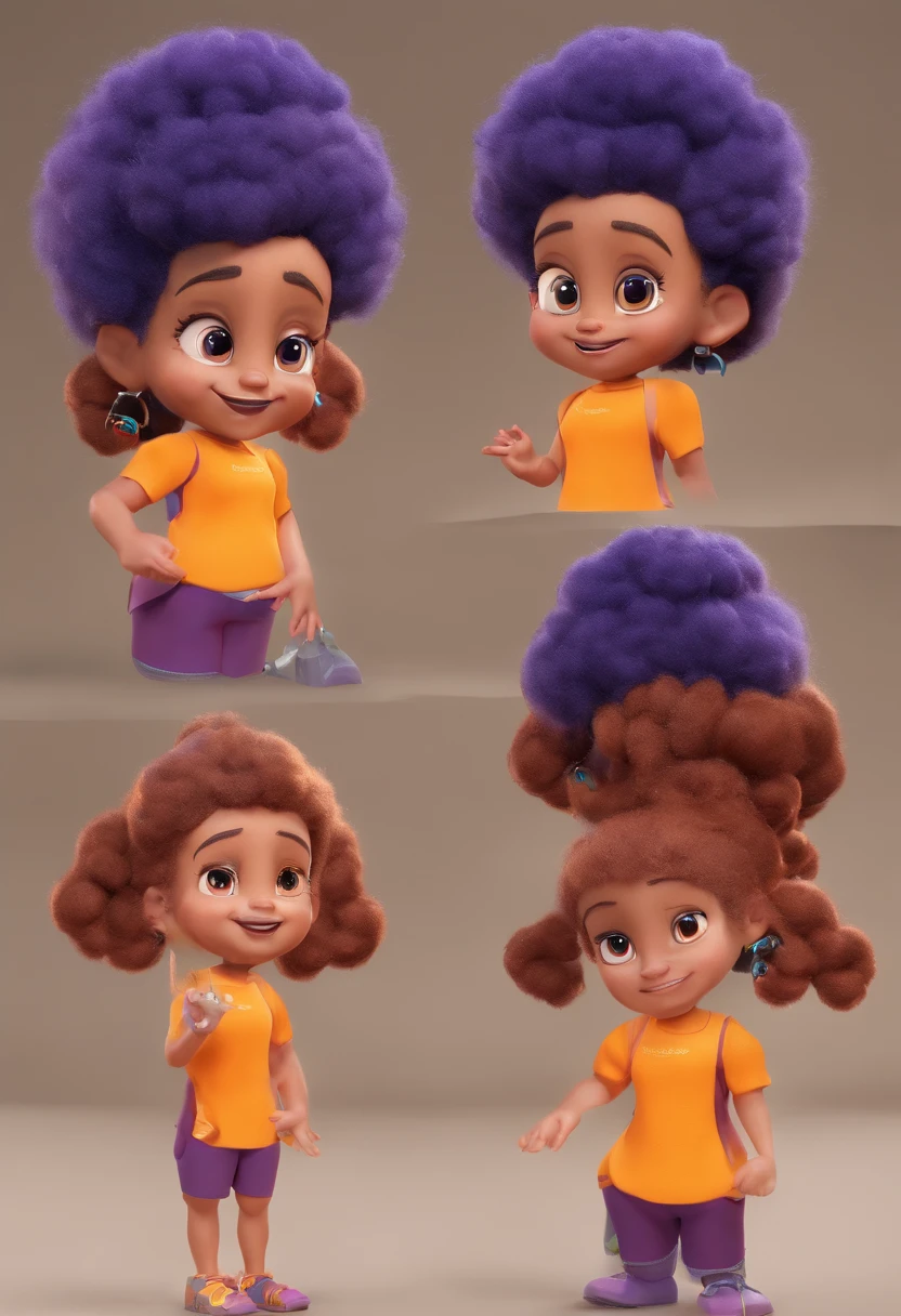 Uma menina bonita com cabelo cacheado grande com franja e castanho escuro, inspired by the charming Pixar cartoon that manipulates infusions. The character is a medium-toned, dark-skinned Brazilian, Stands out with captivating facial expressions, de roupa Fitness com uma bebida sunset cor roxa e amarela