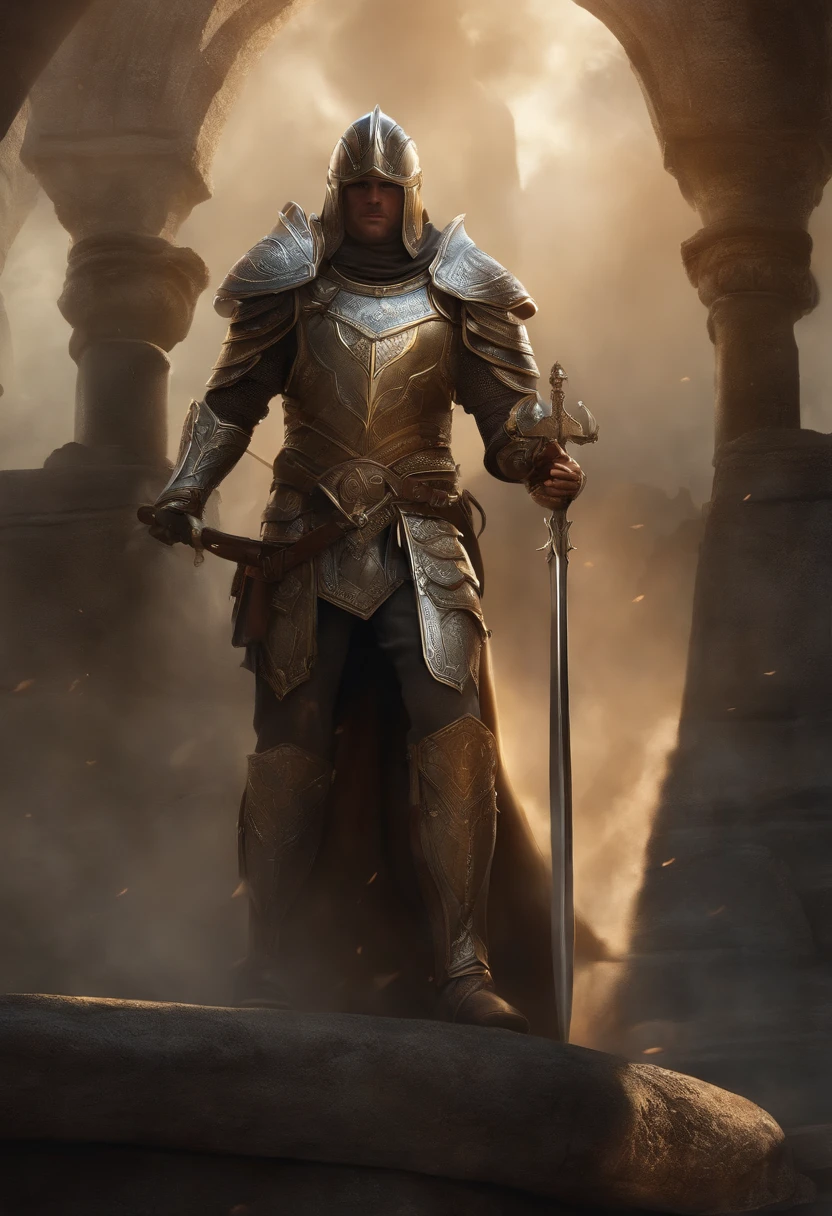 imagem epica de um Arcanjo, armadura extremamente detalhada, armadura branca com detalhes dourados, poderoso, glorioso, forte, brandindo espada, estilo frank frazeta e concept art, luzes, aparencia similar aos elfos de tolkien, em pose de batalha, cenario epico e misterioso, Mythological and closed sky.