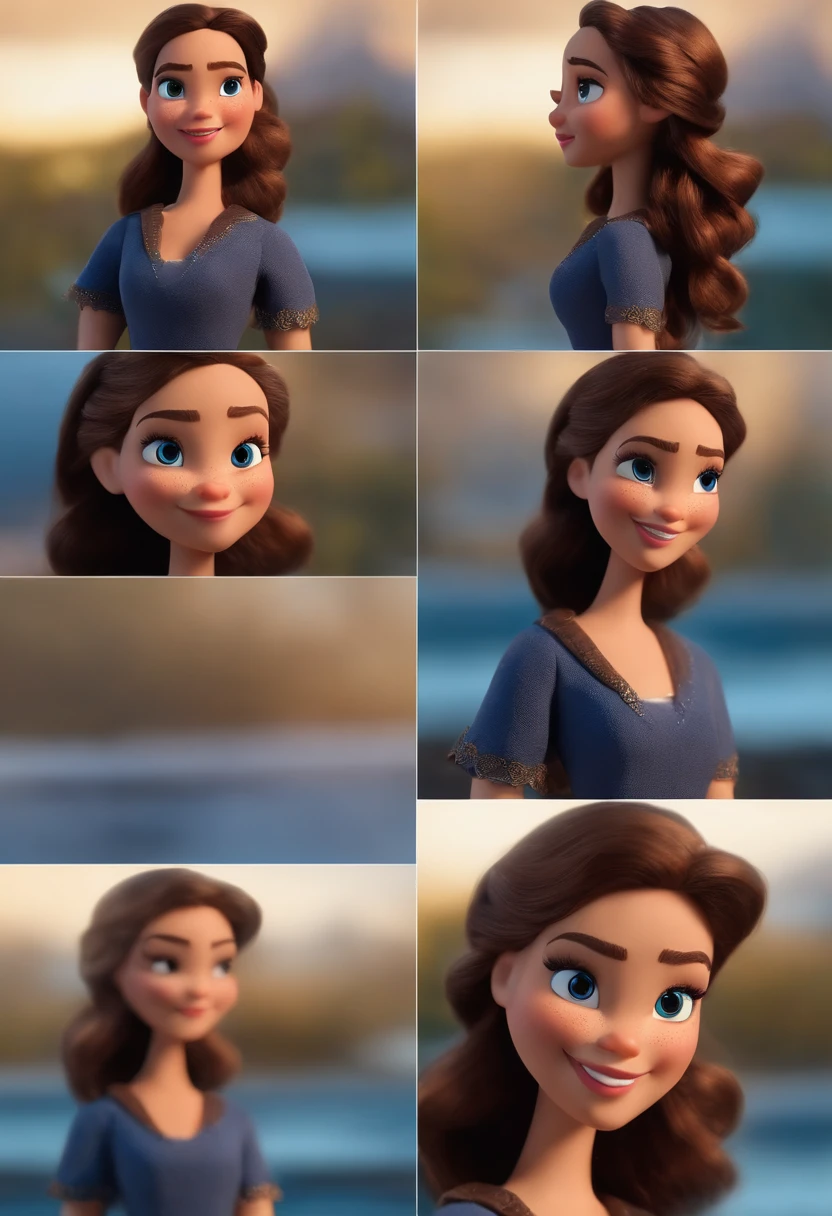 Garota, estilo disney, tom de pele: claro: Cabelo: marrom escuro, cacheado, grande, braid hairstyle. Cropped : curto, Cor azul. Fundo: Gray and white gradient,Comemorando, Hands raised, sorrindo, feliz, (estilo pixar) (obra-prima:1.2) (bokeh) (melhor qualidade) (pele detalhada) (textura detalhada) (8k) (claymation) (cinematic lighthing) (foco nítido